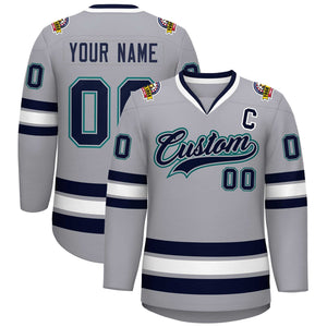 Custom Gray Navy Gray-Aqua Classic Style Hockey Jersey