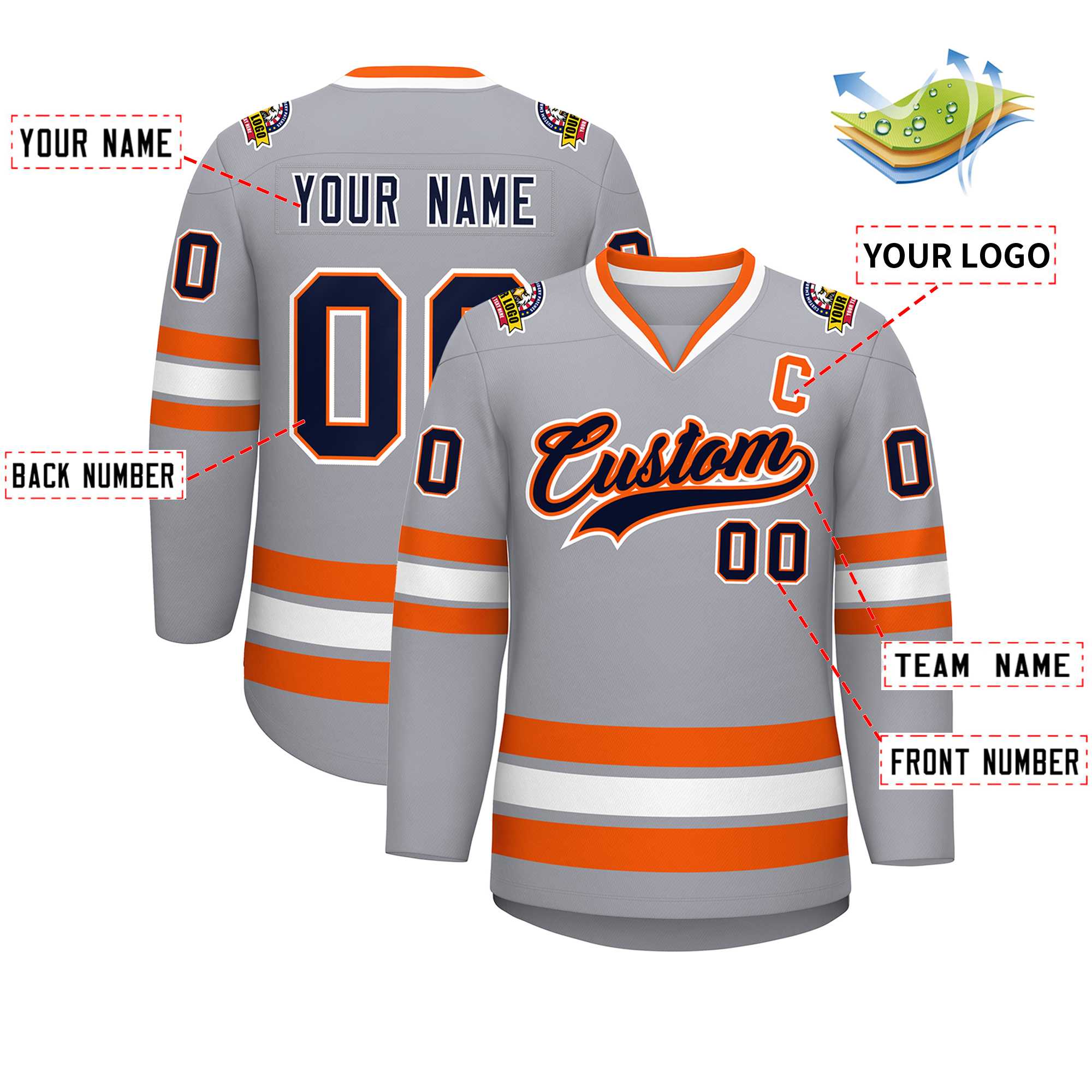 Maillot de hockey de style classique personnalisé gris marine orange-blanc