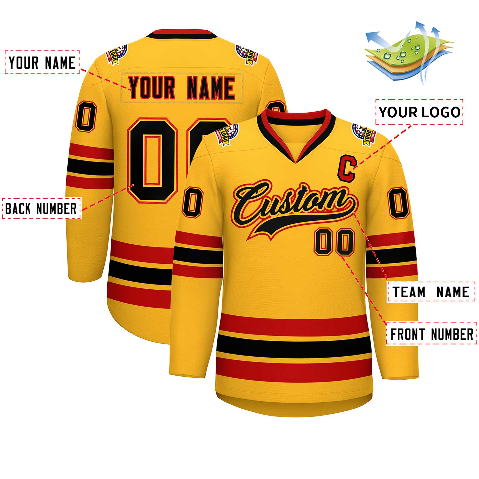 Custom Gold Black Gold-Red Classic Style Hockey Jersey