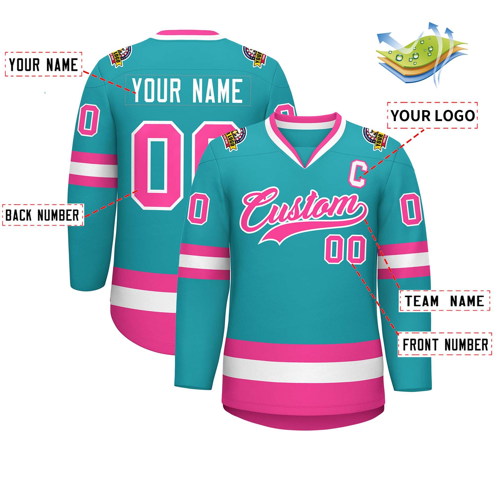 Maillot de hockey de style classique Aqua rose-blanc personnalisé