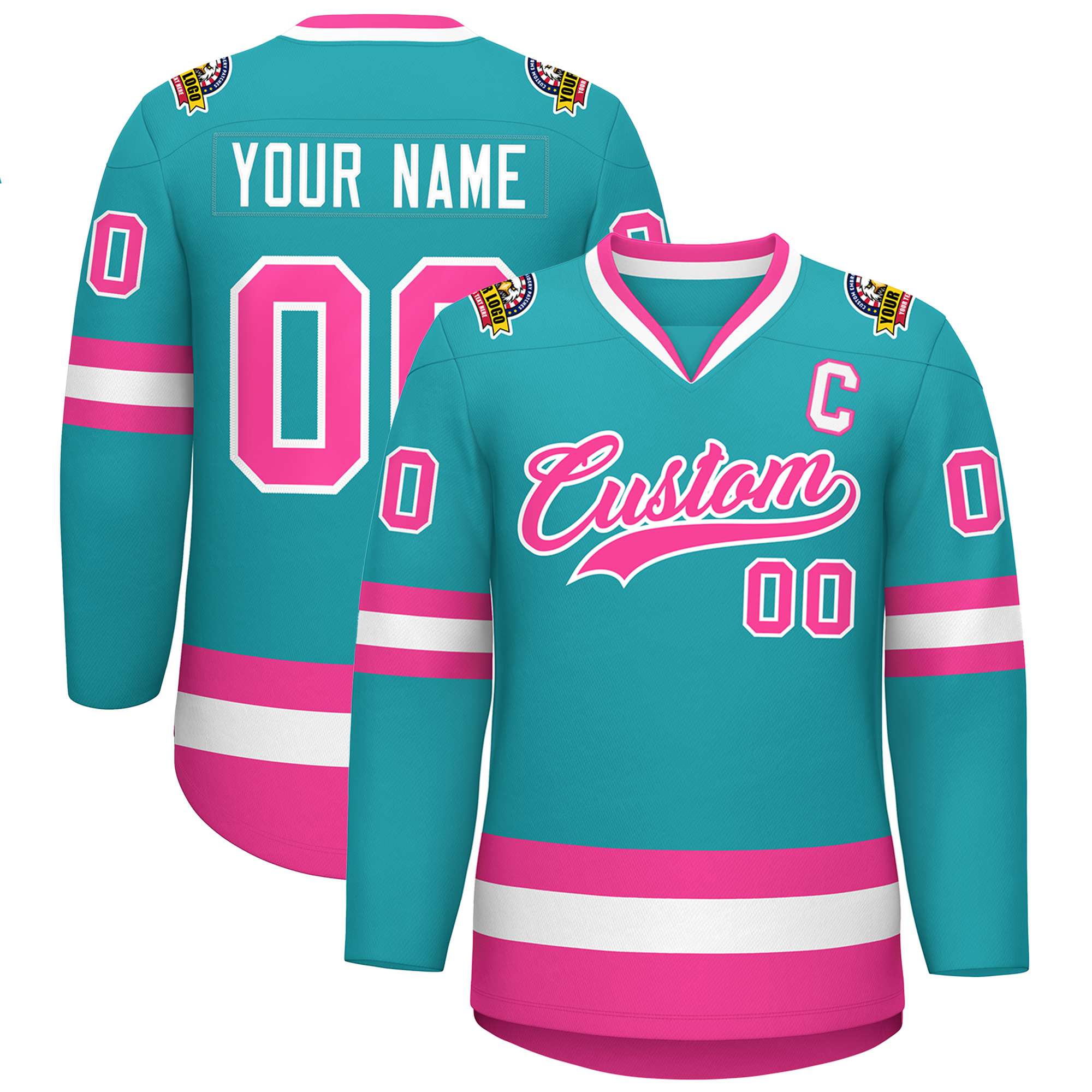 Maillot de hockey de style classique Aqua rose-blanc personnalisé