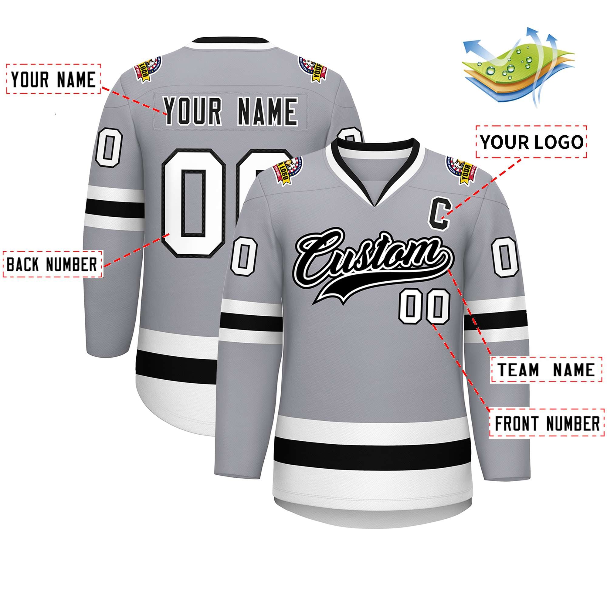 Maillot de hockey de style classique personnalisé gris noir blanc-noir