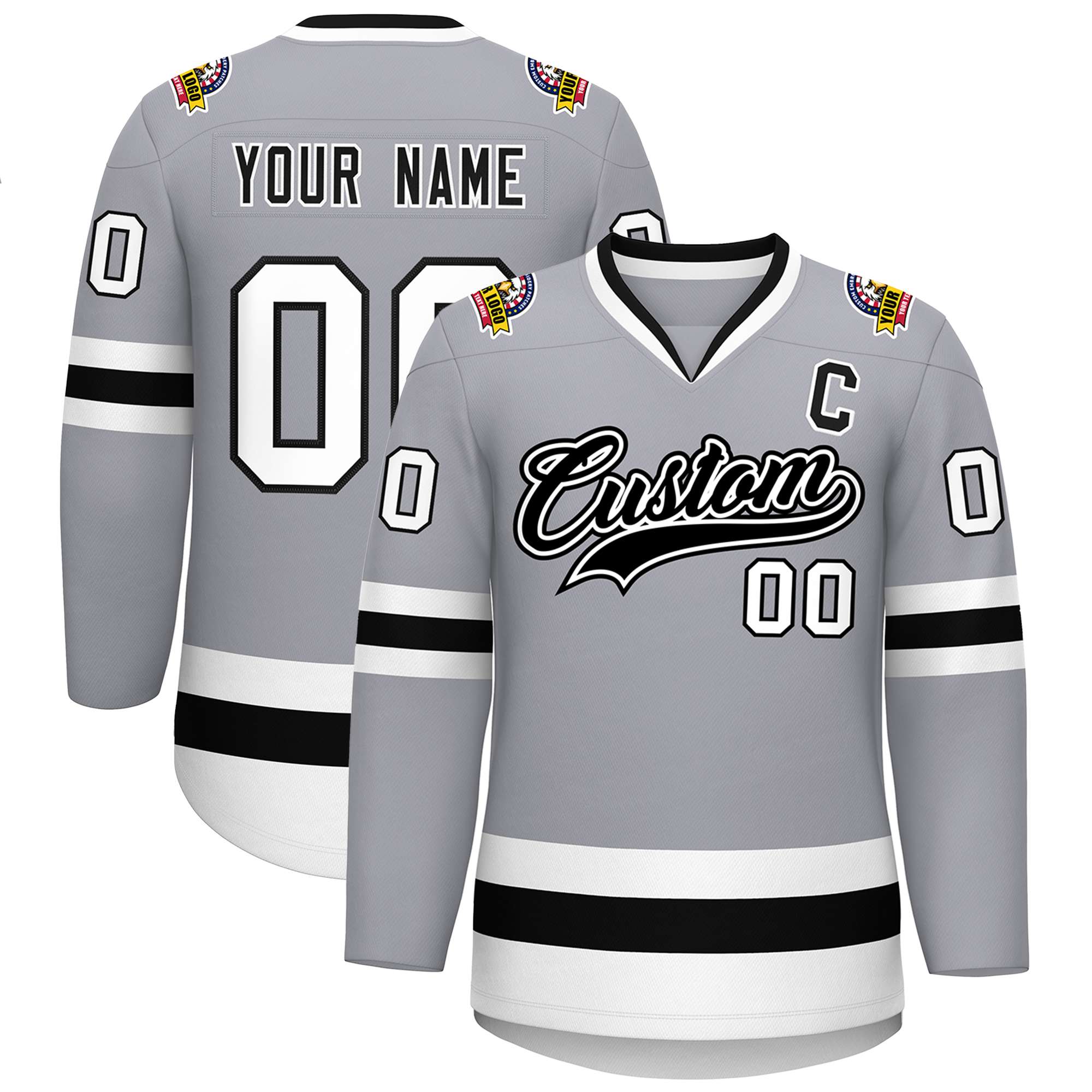 Custom Gray Black White-Black Classic Style Hockey Jersey