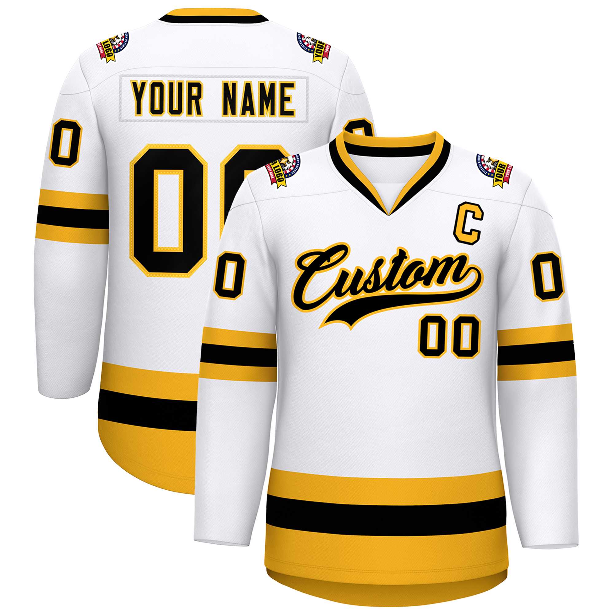 Custom White Black-Gold Classic Style Hockey Jersey