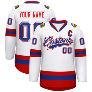 Custom White Royal White-Red Classic Style Hockey Jersey