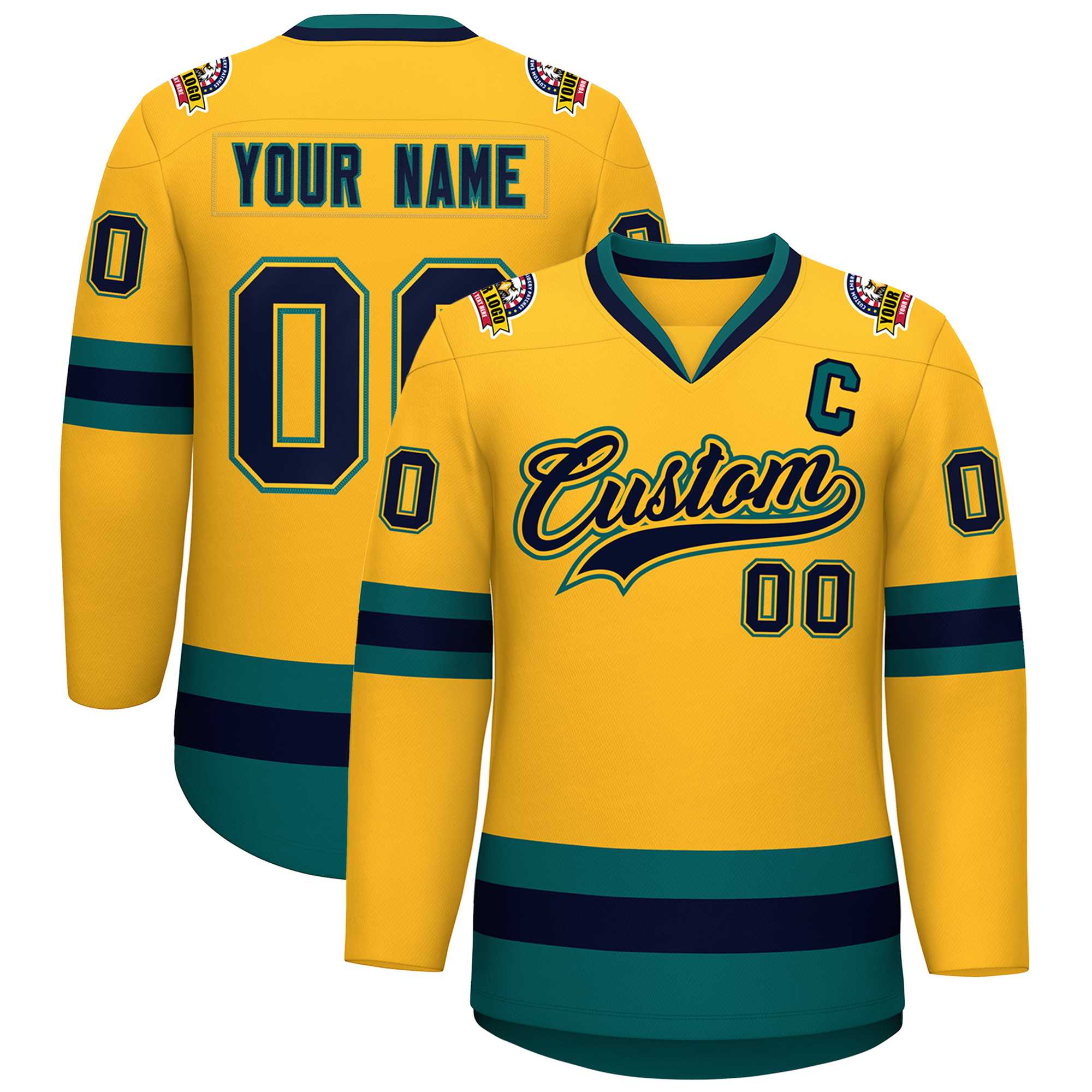 Custom Gold Navy Gold-Aqua Classic Style Hockey Jersey