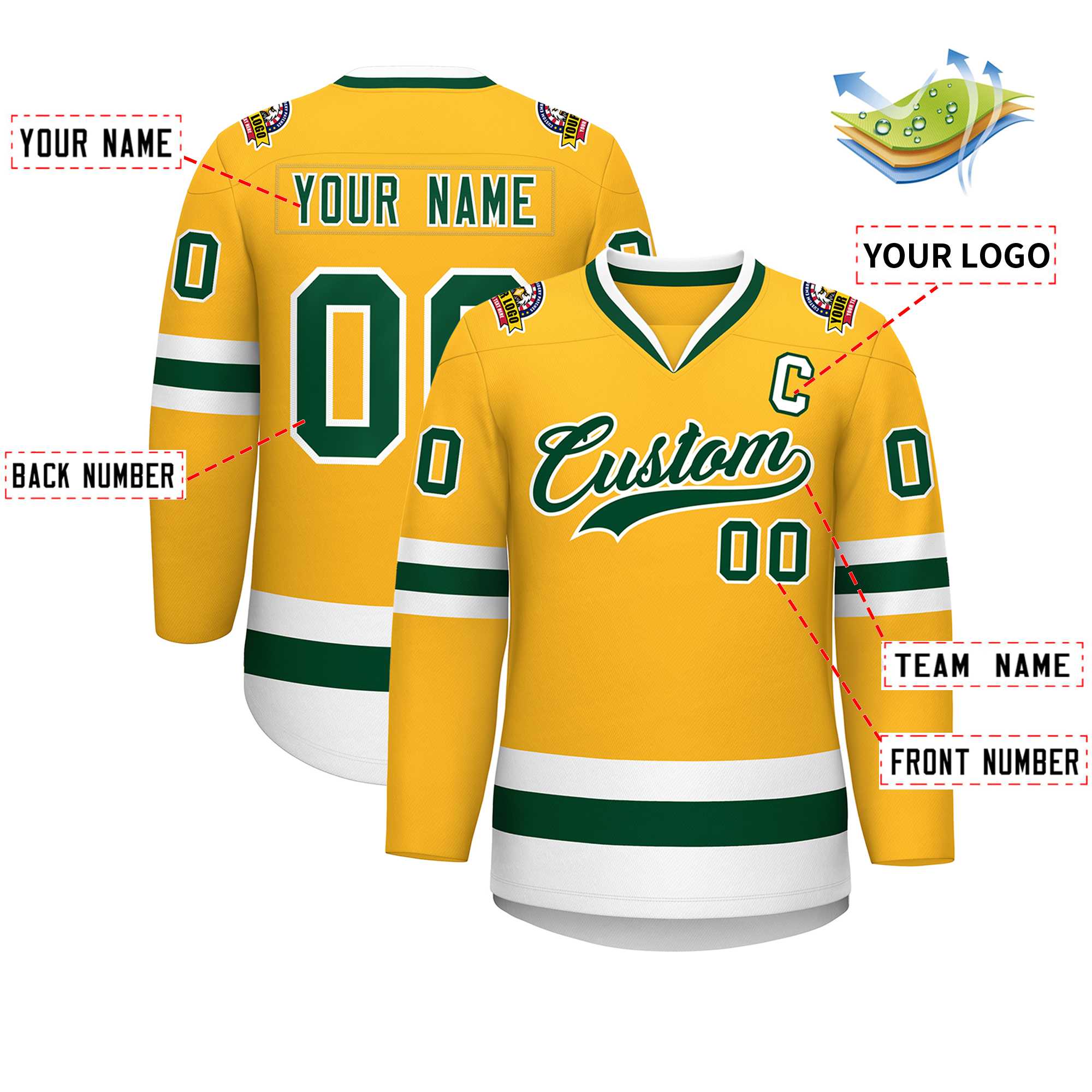 Maillot de hockey de style classique or vert-blanc personnalisé