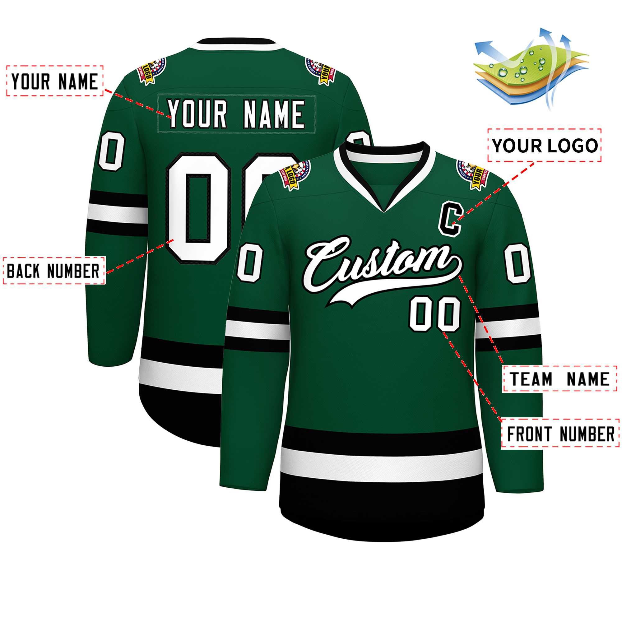 Maillot de hockey de style classique vert blanc-noir personnalisé