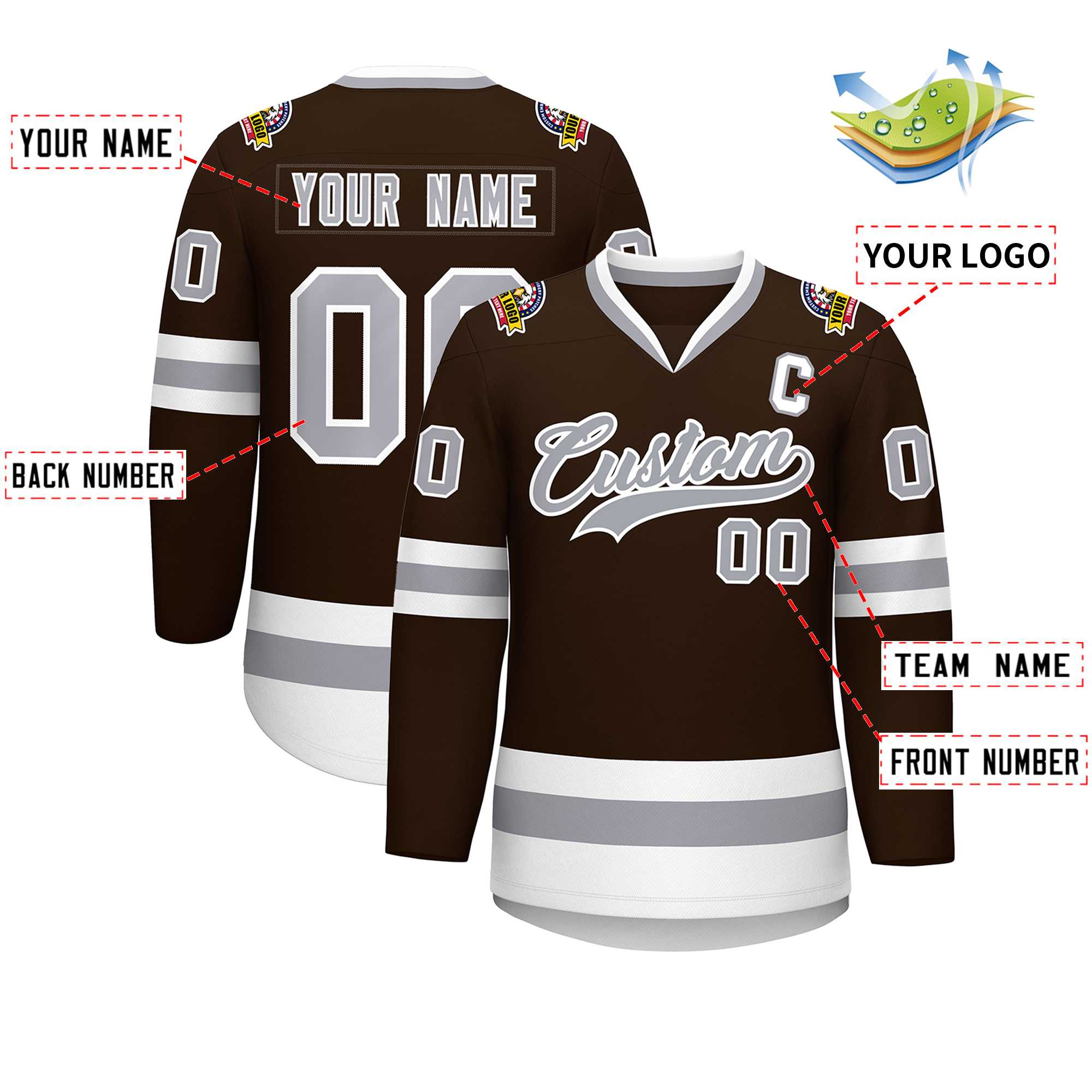 Maillot de hockey de style classique marron gris-blanc personnalisé