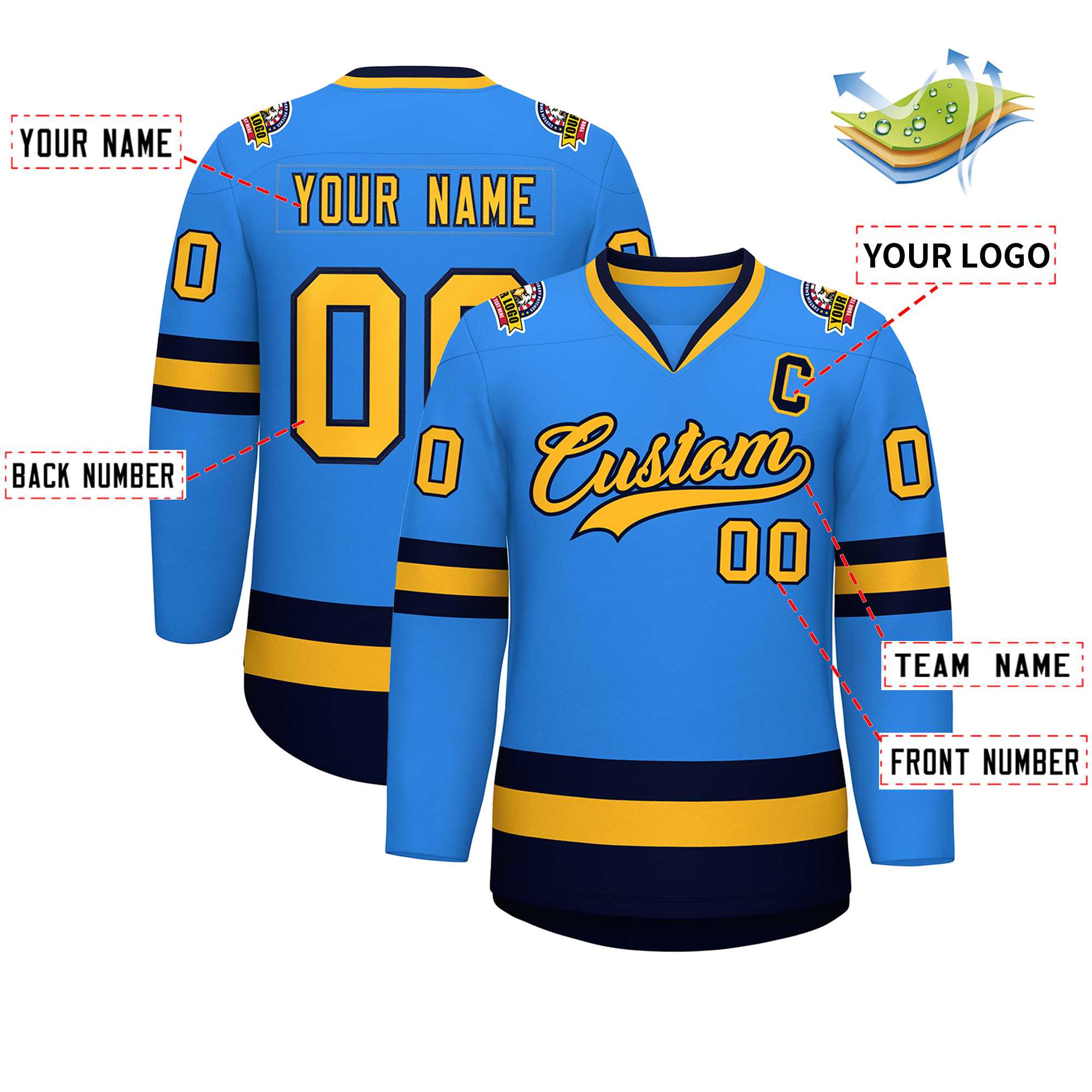 Custom Powder Blue Gold-Navy Classic Style Hockey Jersey