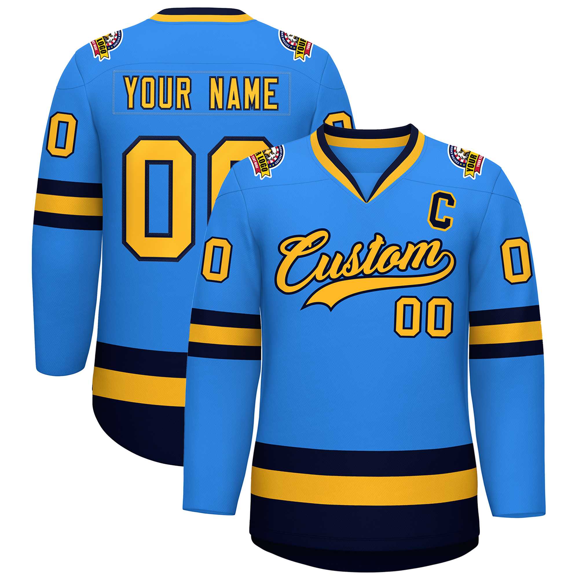 Custom Powder Blue Gold-Navy Classic Style Hockey Jersey