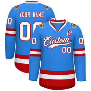 Maillot de hockey de style classique bleu poudre blanc-rouge personnalisé