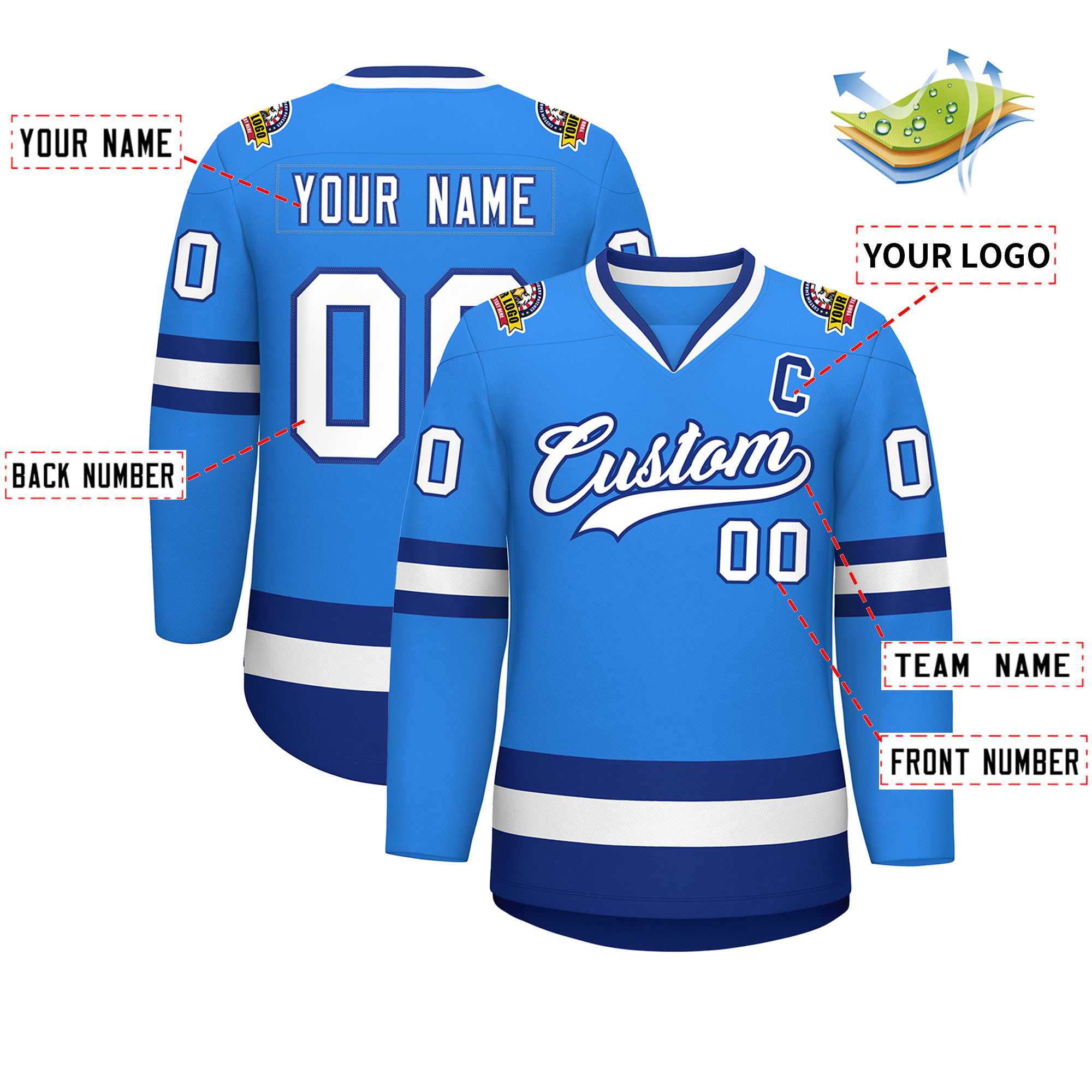 Maillot de hockey de style classique bleu poudre blanc-royal personnalisé