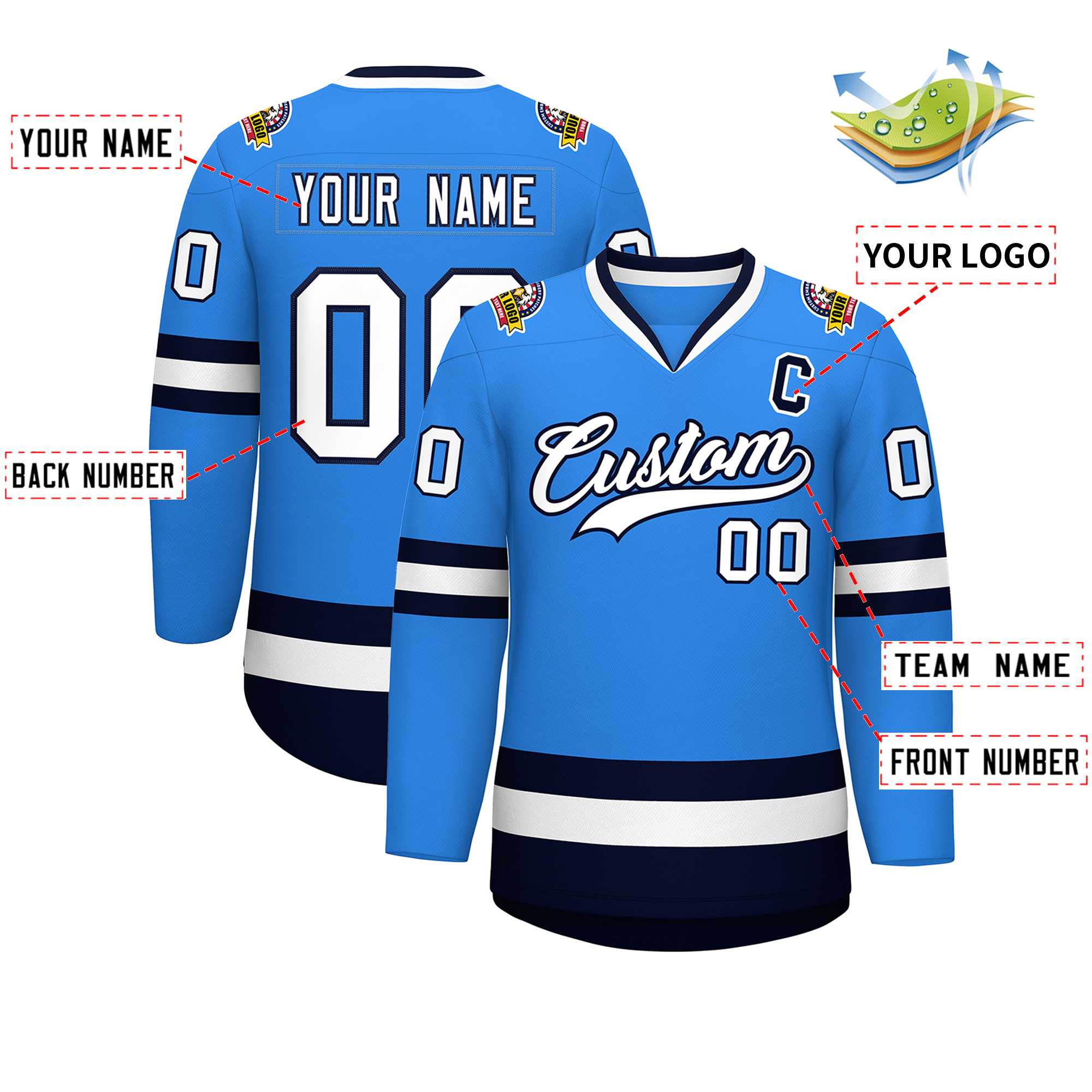 Maillot de hockey de style classique bleu poudre blanc-marine personnalisé