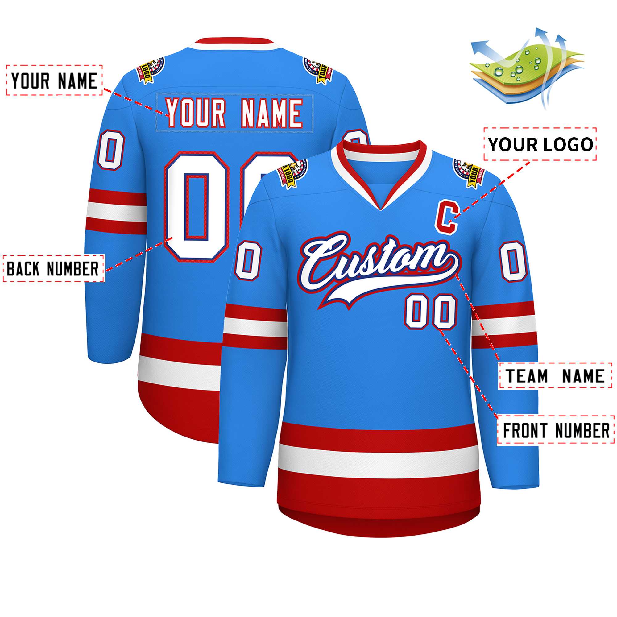 Maillot de hockey de style classique bleu poudre personnalisé blanc royal-rouge