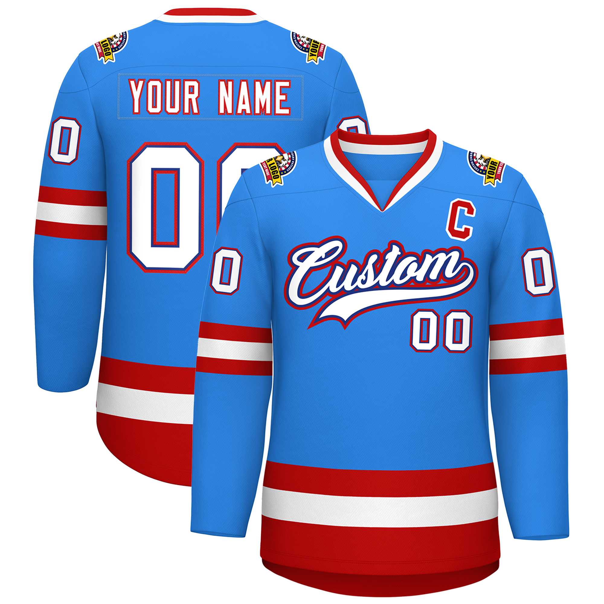 Maillot de hockey de style classique bleu poudre personnalisé blanc royal-rouge