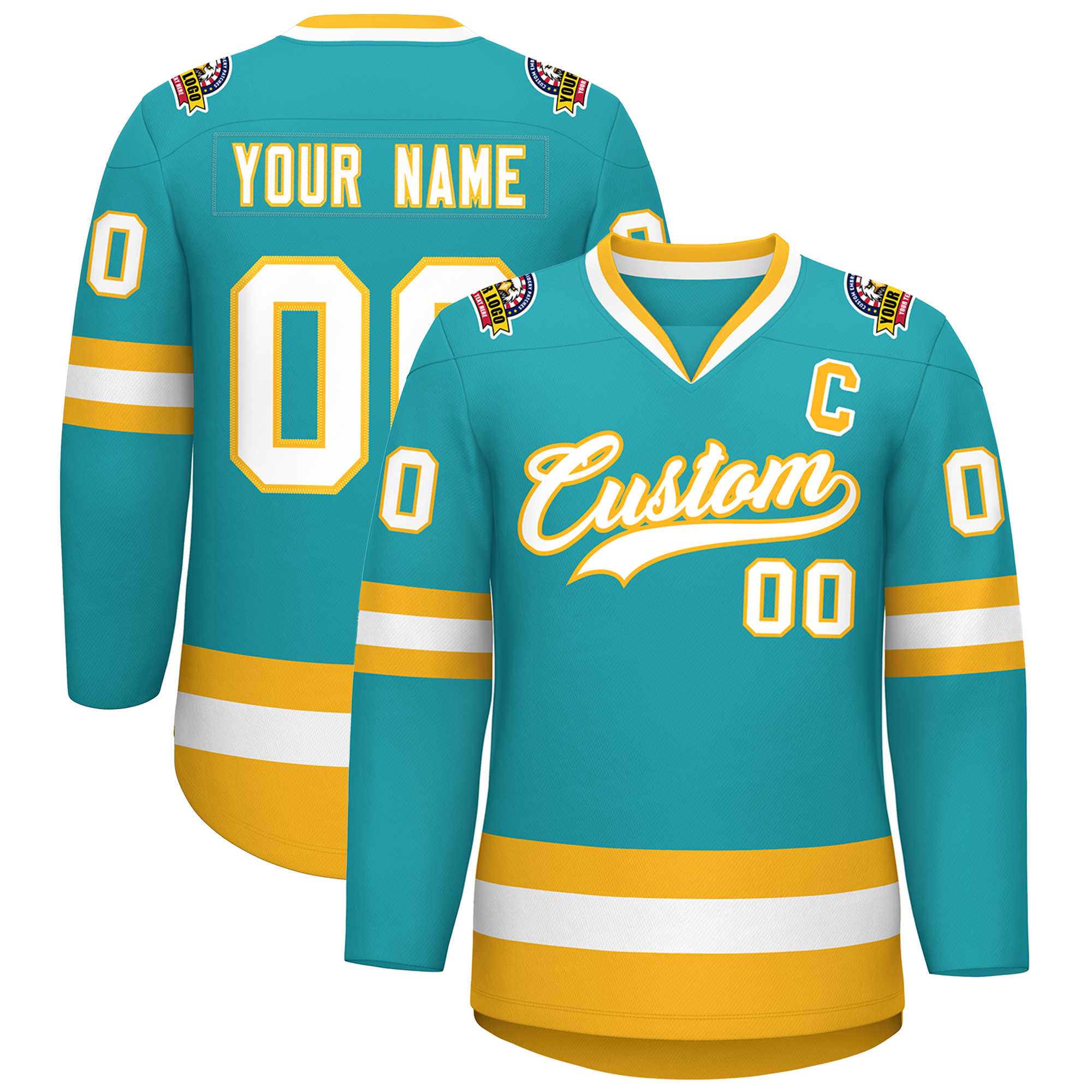 Maillot de hockey de style classique Aqua blanc-or personnalisé