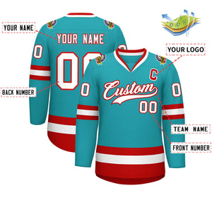 Maillot de hockey de style classique Aqua blanc-rouge personnalisé