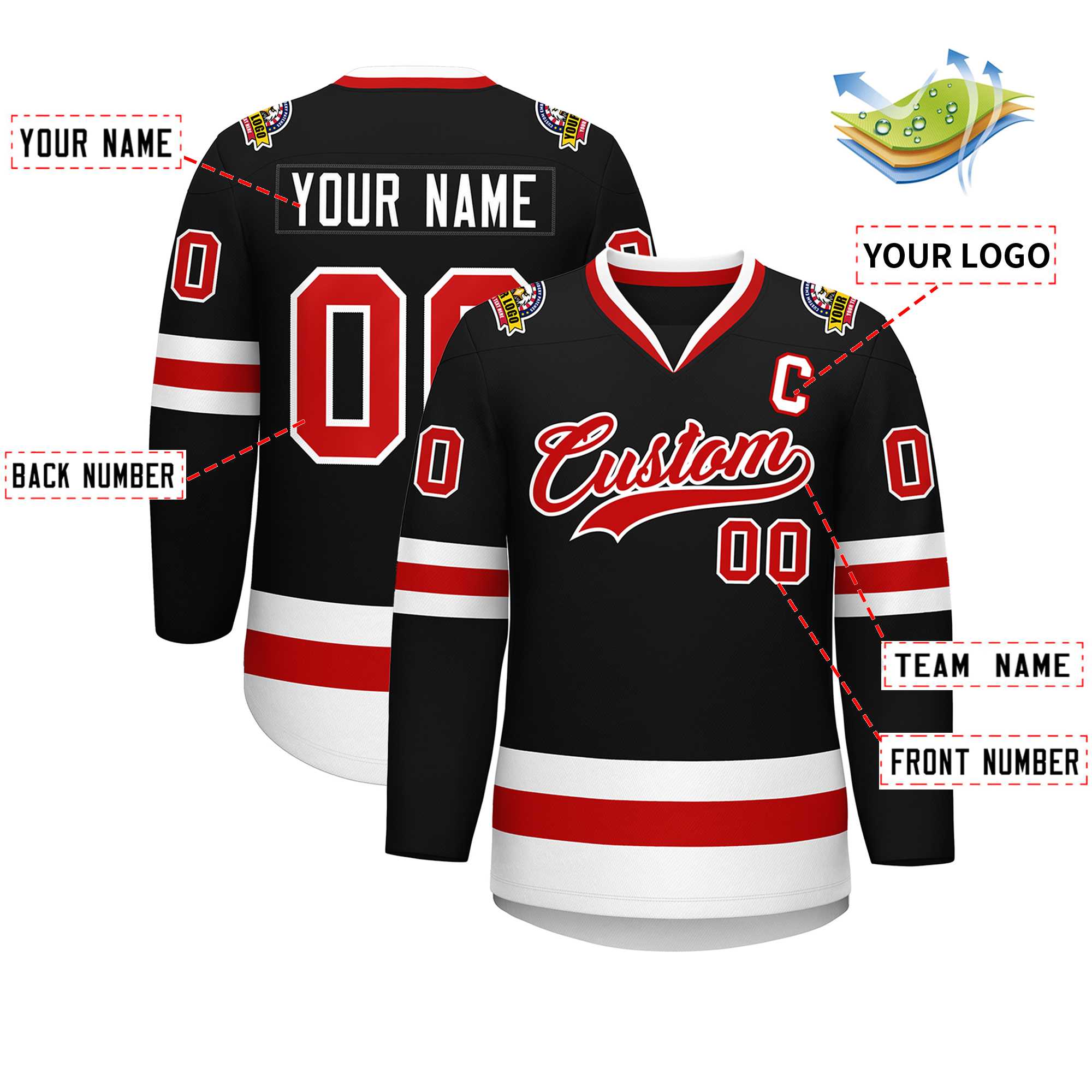 Custom Black Red-White Classic Style Hockey Jersey