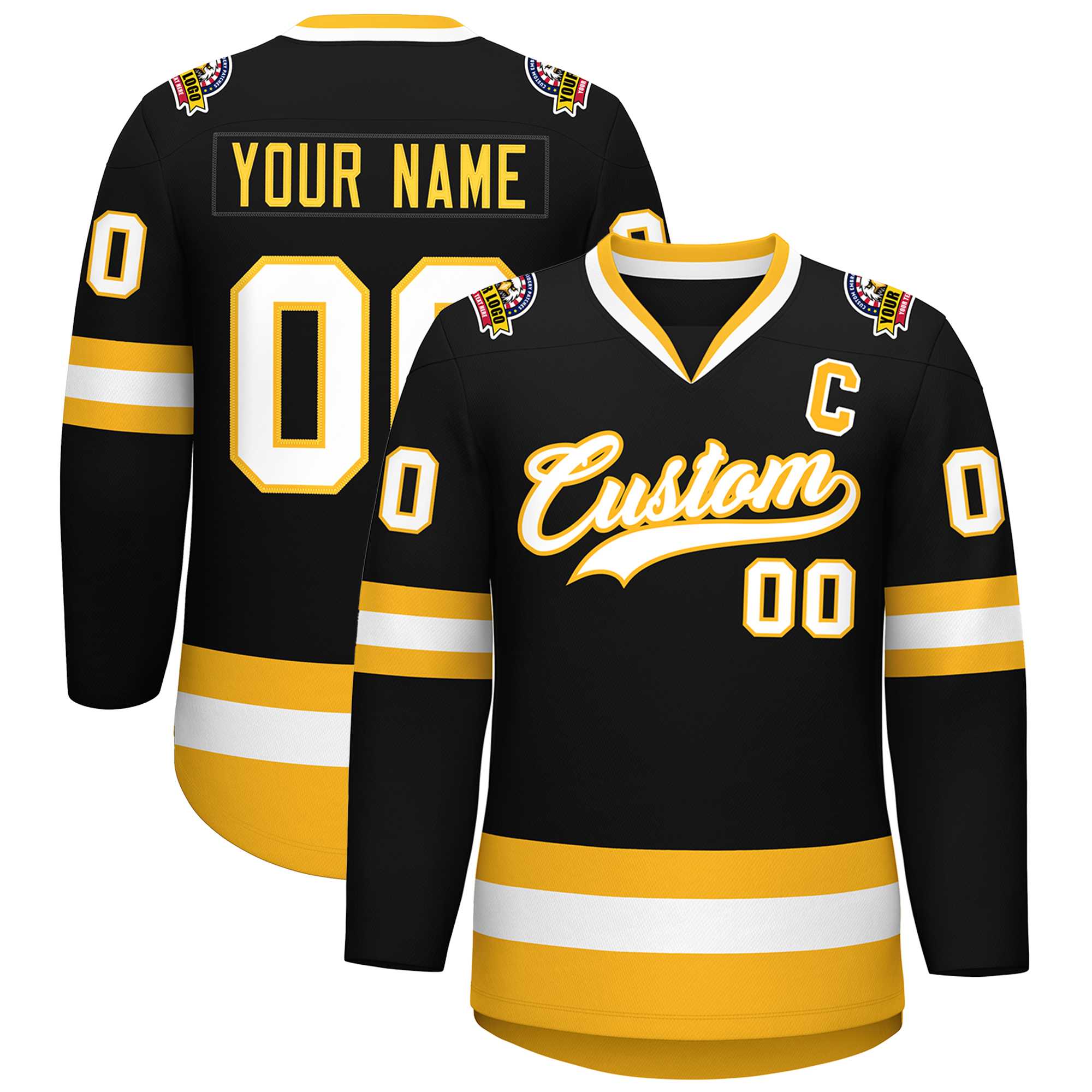 Custom Black White-Gold Classic Style Hockey Jersey