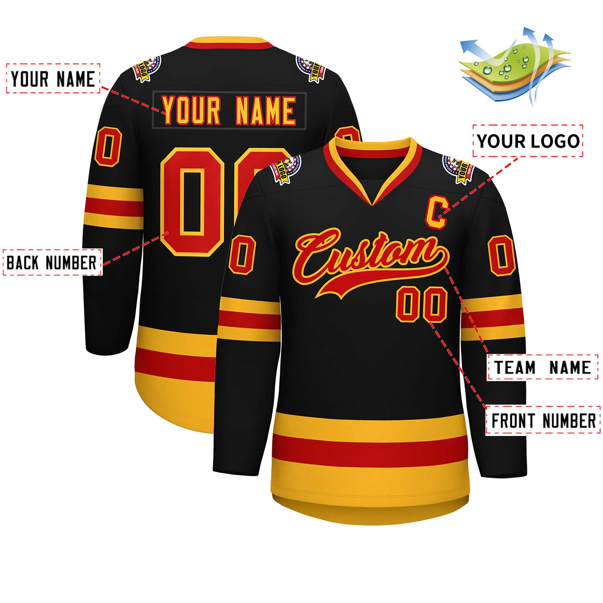 Custom Black Red-Gold Classic Style Hockey Jersey