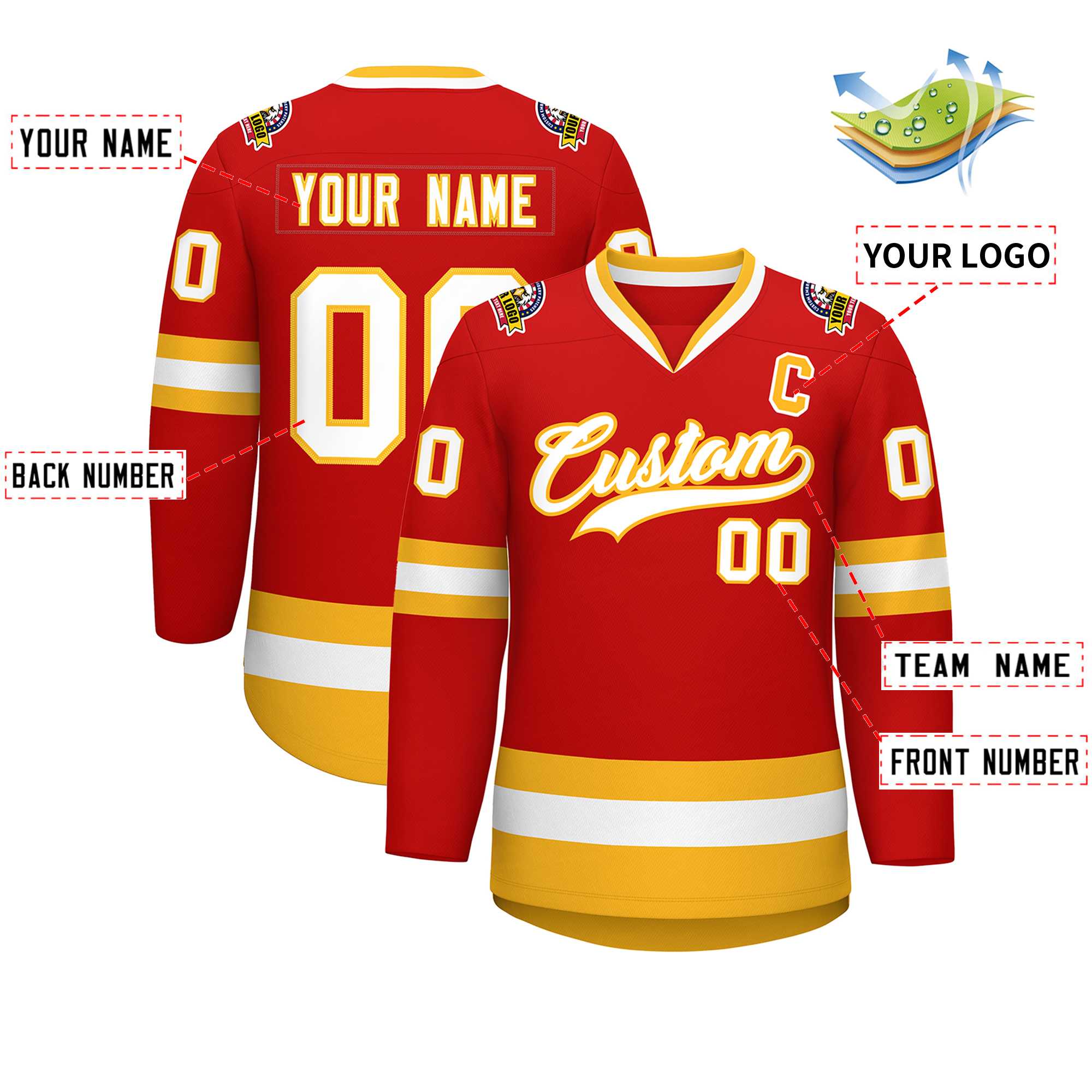 Custom Red White-Gold Classic Style Hockey Jersey