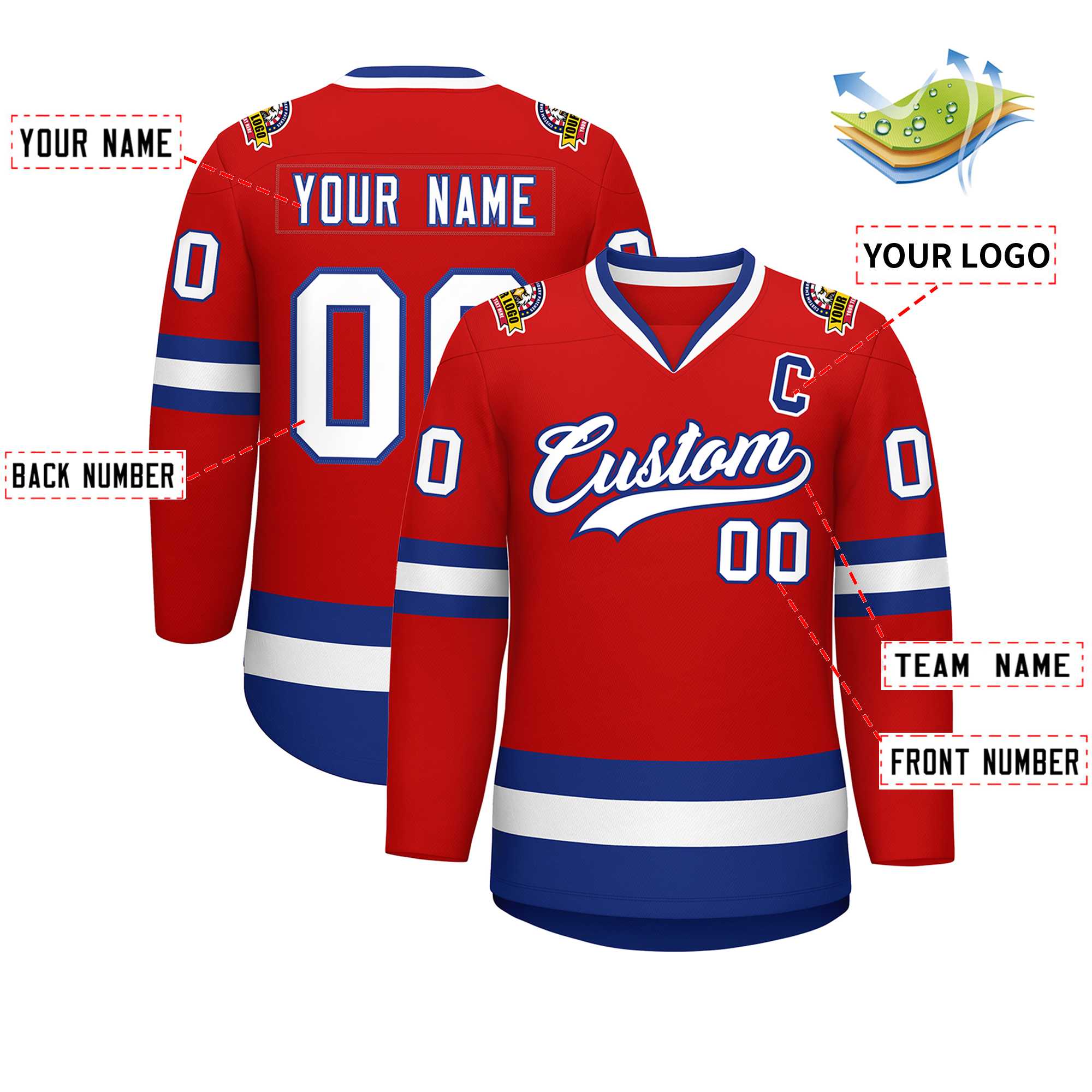 Custom Red White-Royal Classic Style Hockey Jersey