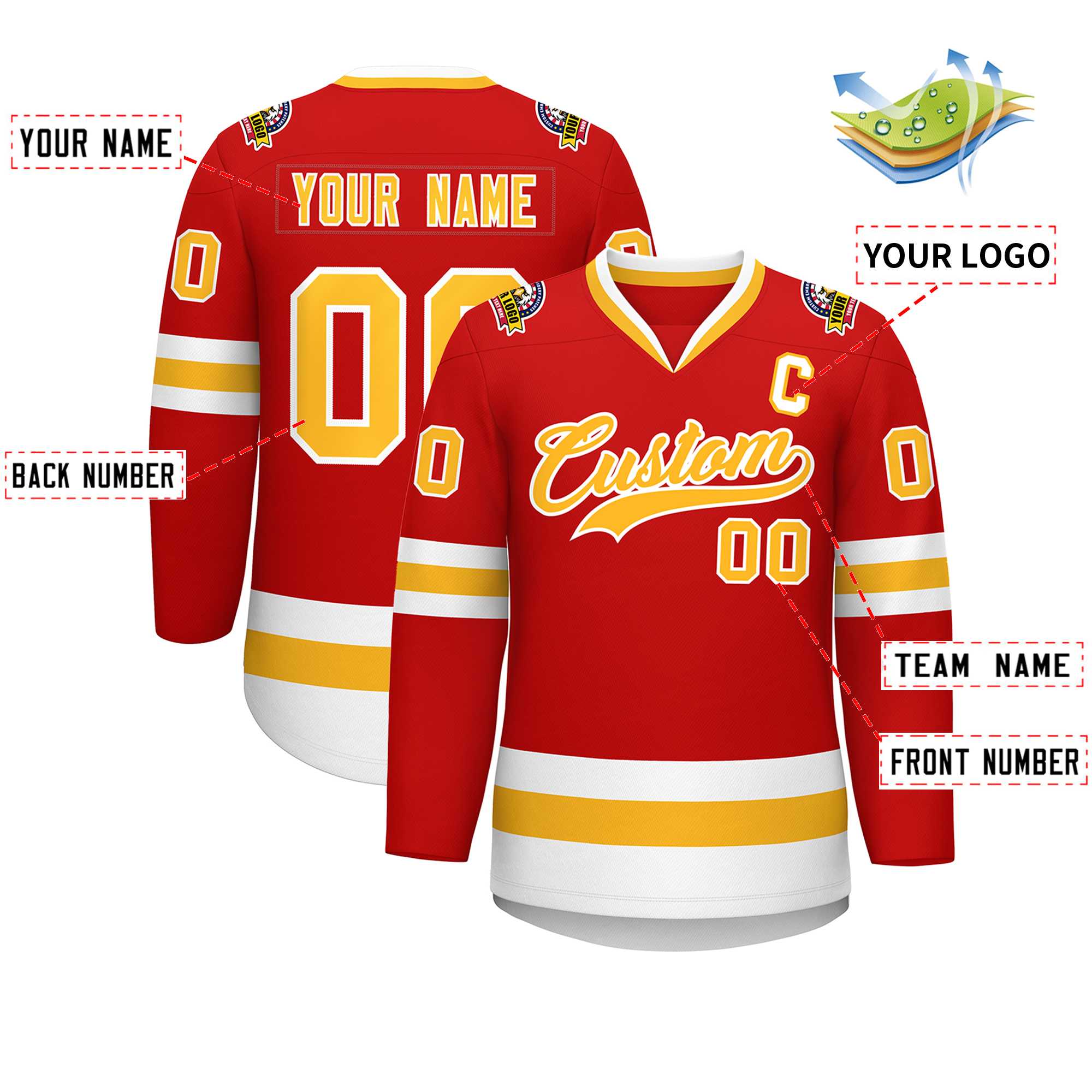 Custom Red Gold-White Classic Style Hockey Jersey