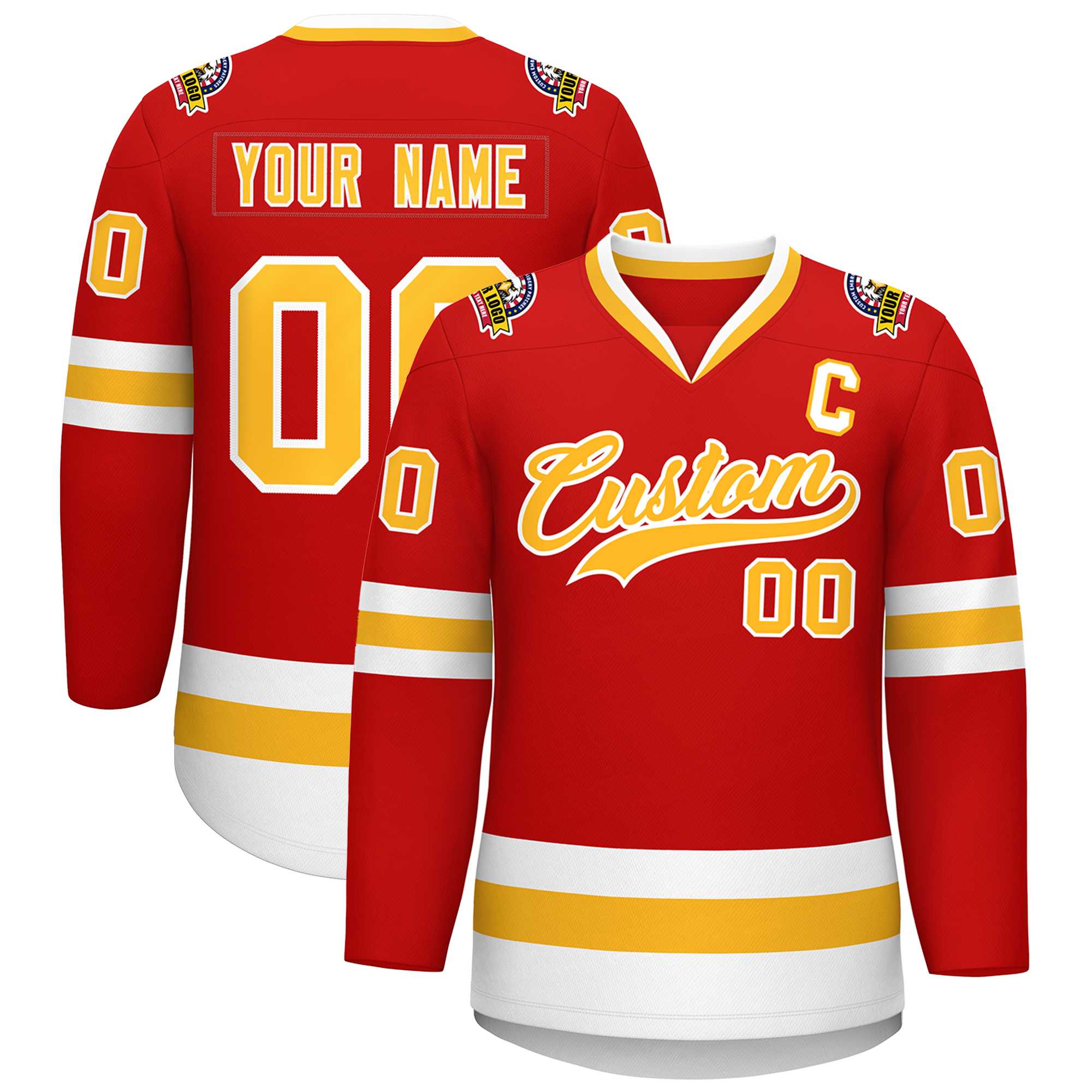 Custom Red Gold-White Classic Style Hockey Jersey