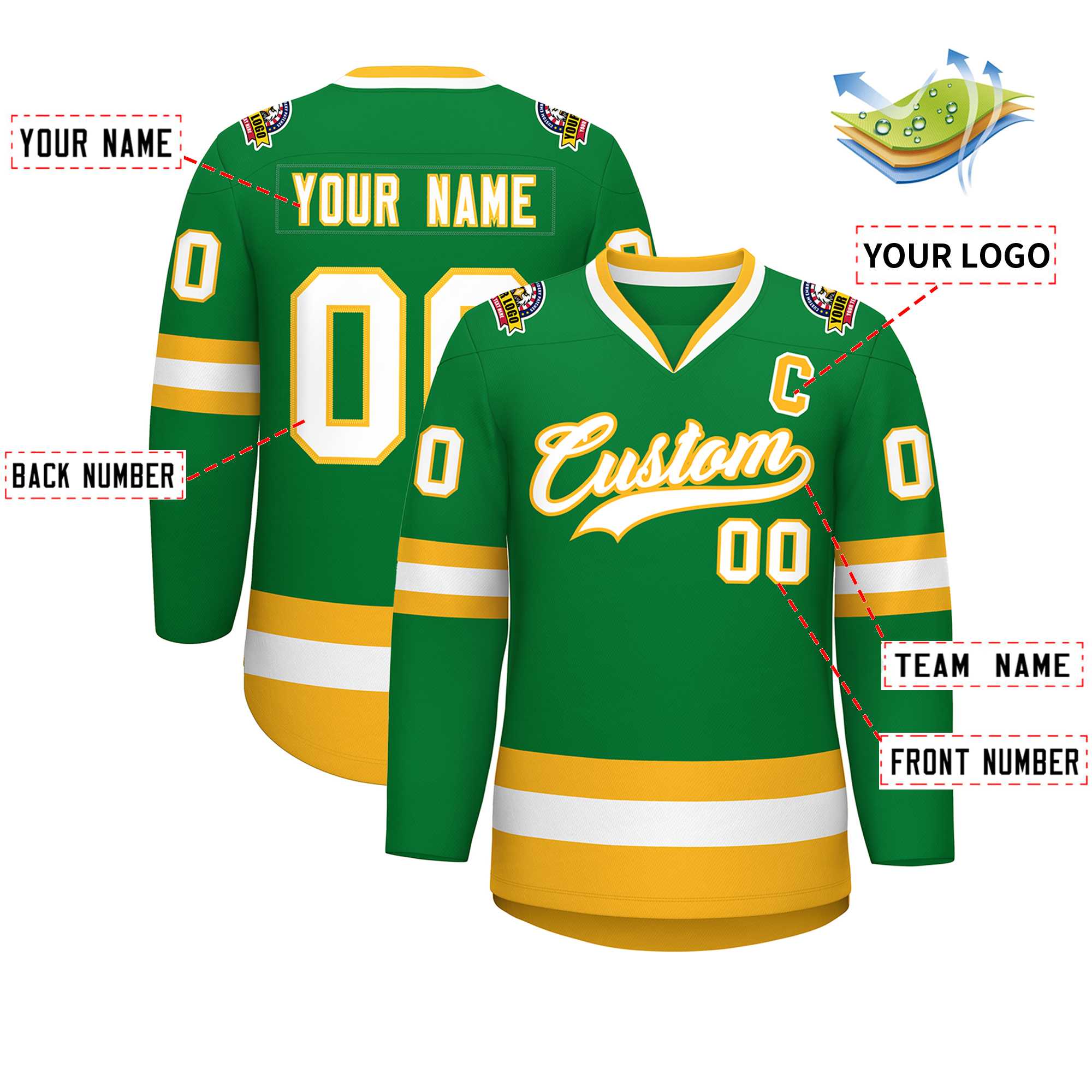 Maillot de hockey de style classique Kelly vert blanc-or personnalisé