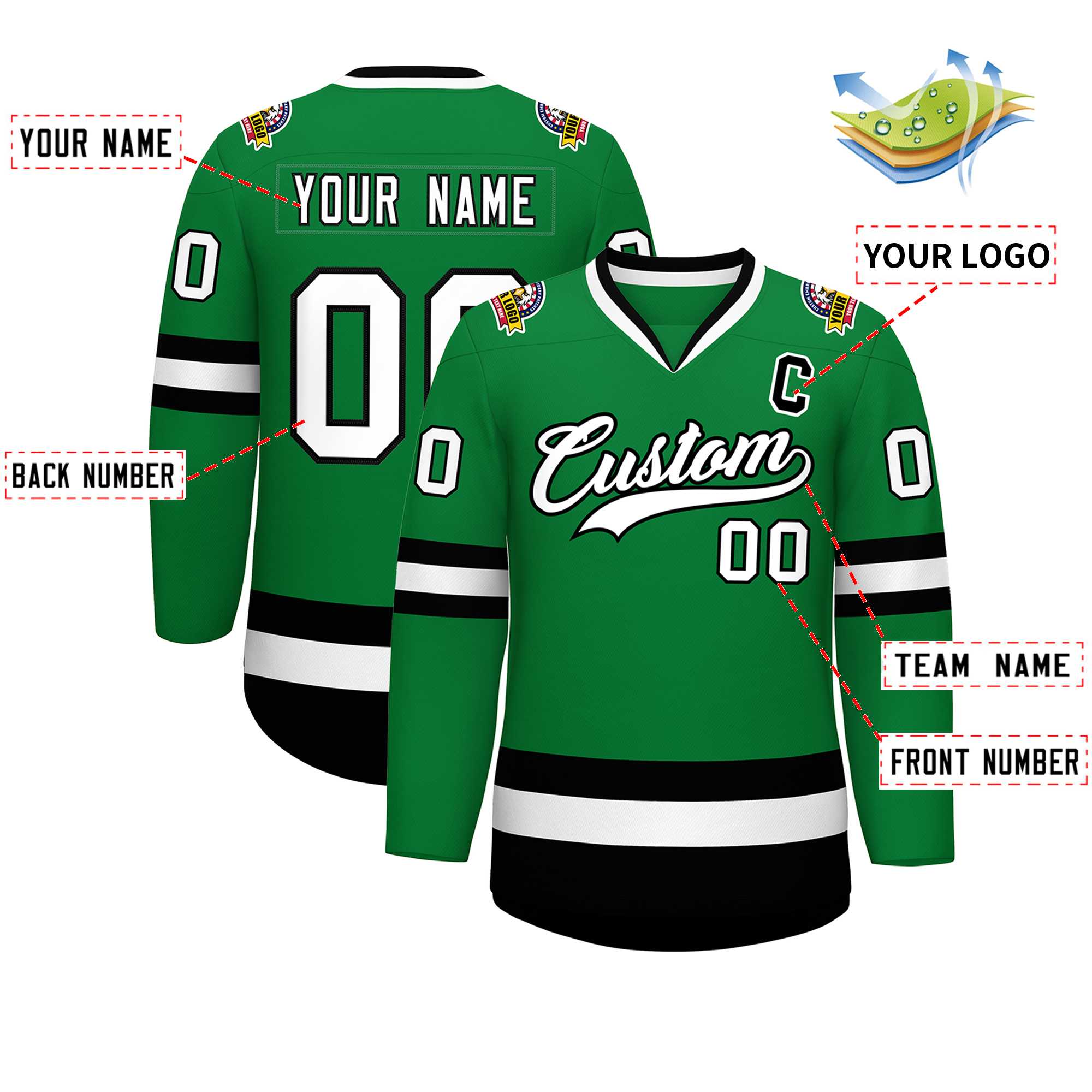 Maillot de hockey de style classique Kelly vert blanc-noir personnalisé