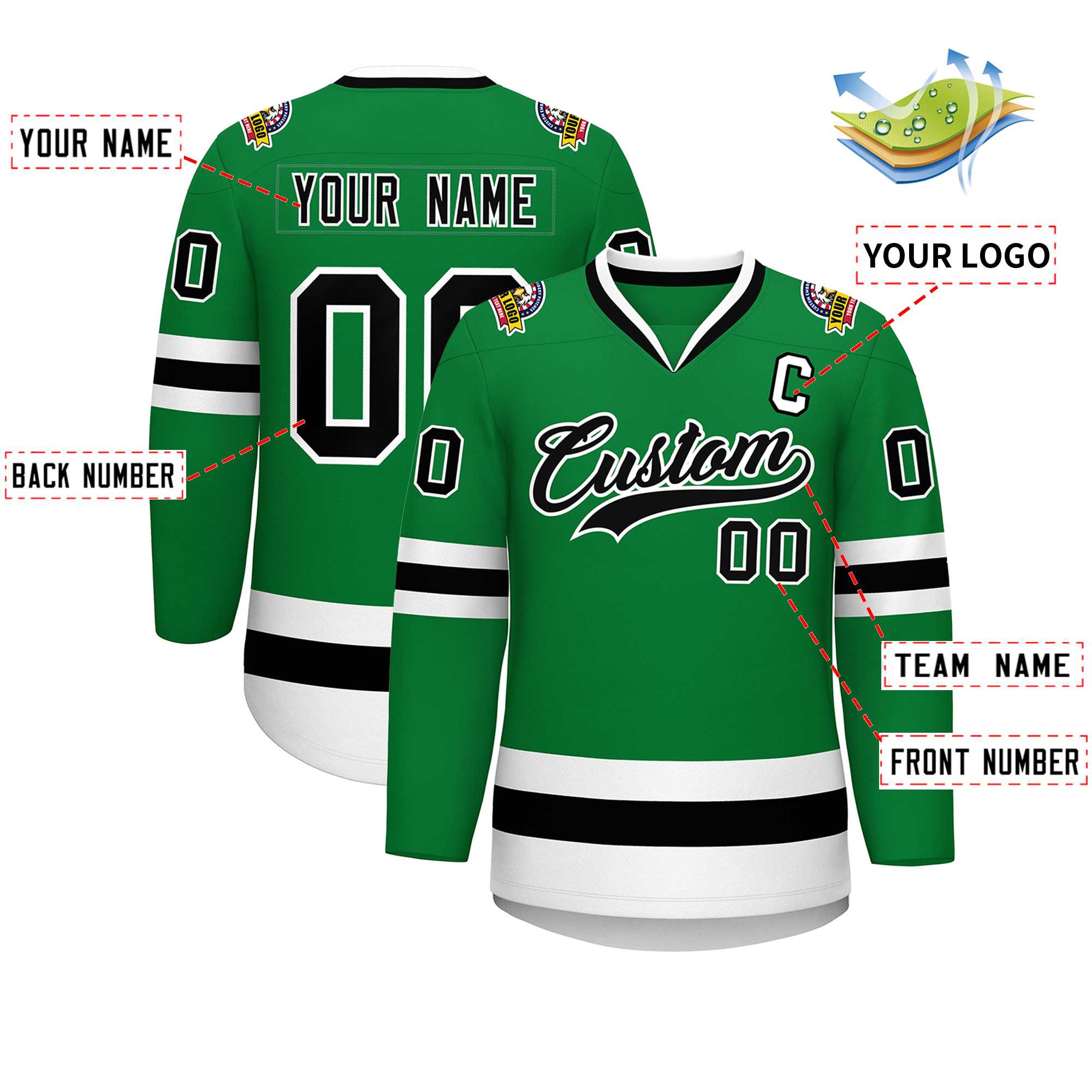 Custom Kelly Green Black-White Classic Style Hockey Jersey