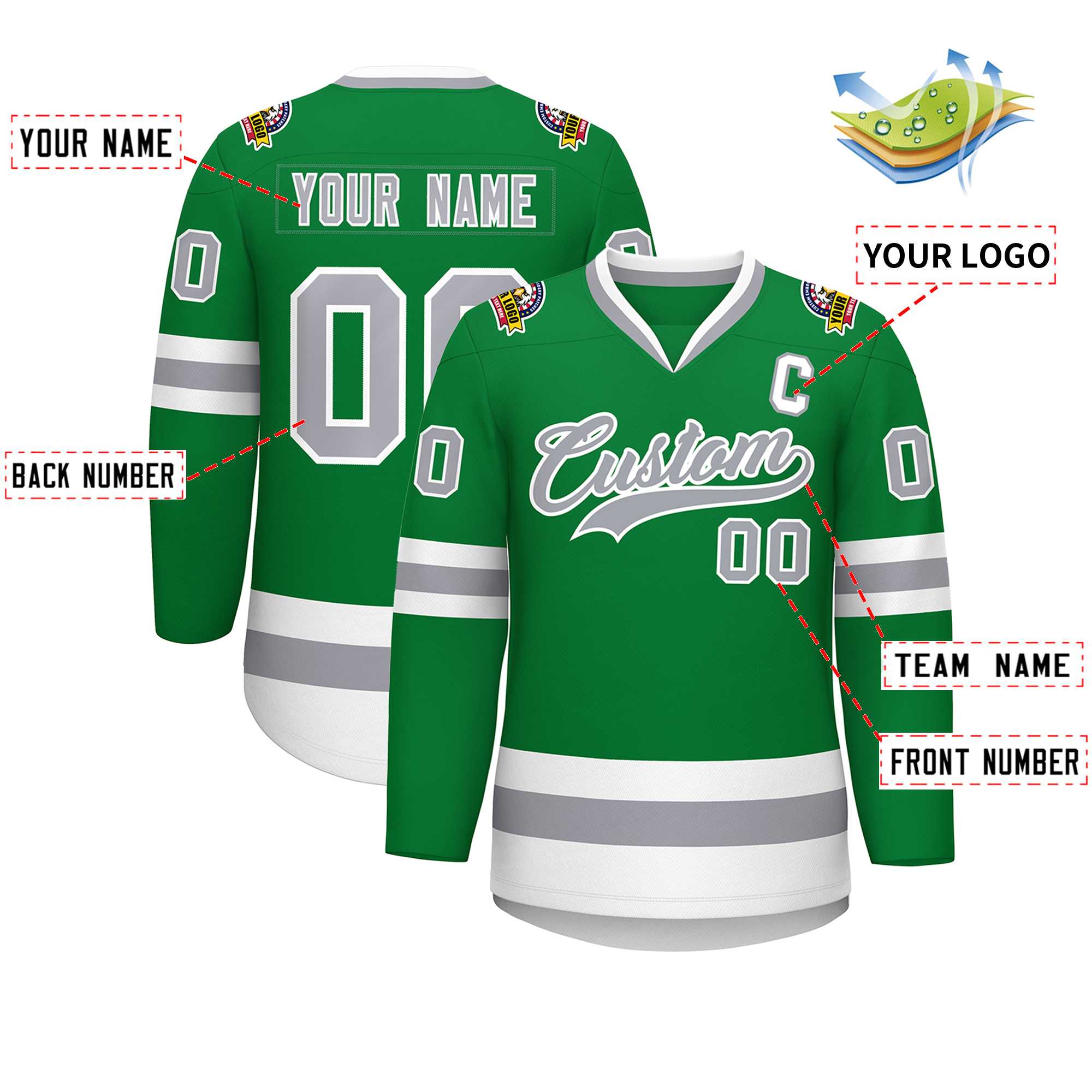 Custom Kelly Green Gray-White Classic Style Hockey Jersey