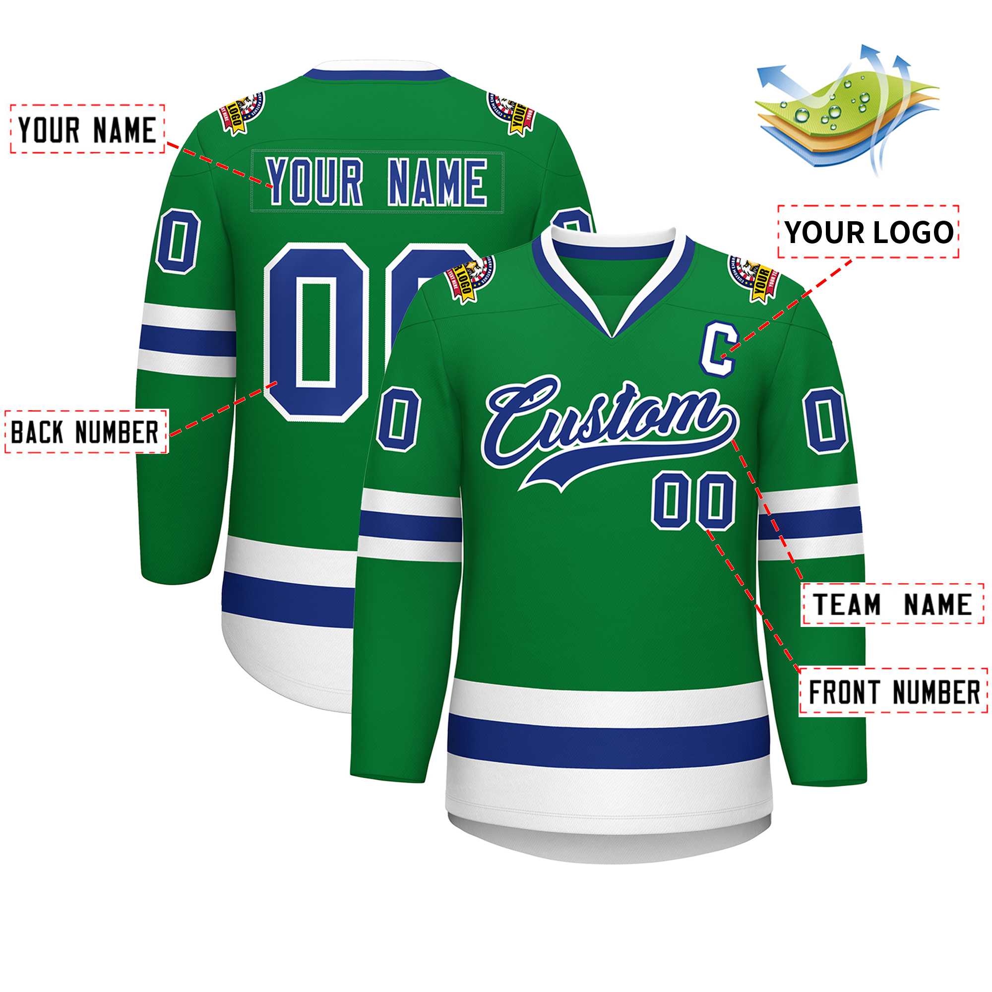 Custom Kelly Green Royal-White Classic Style Hockey Jersey