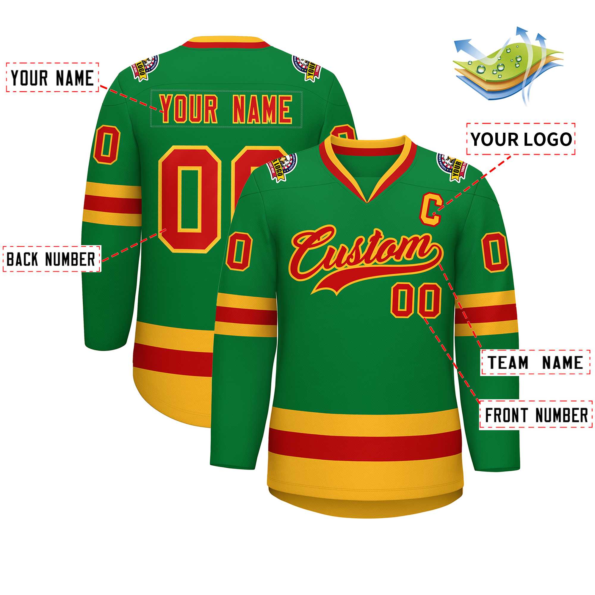 Custom Kelly Green Red-Gold Classic Style Hockey Jersey