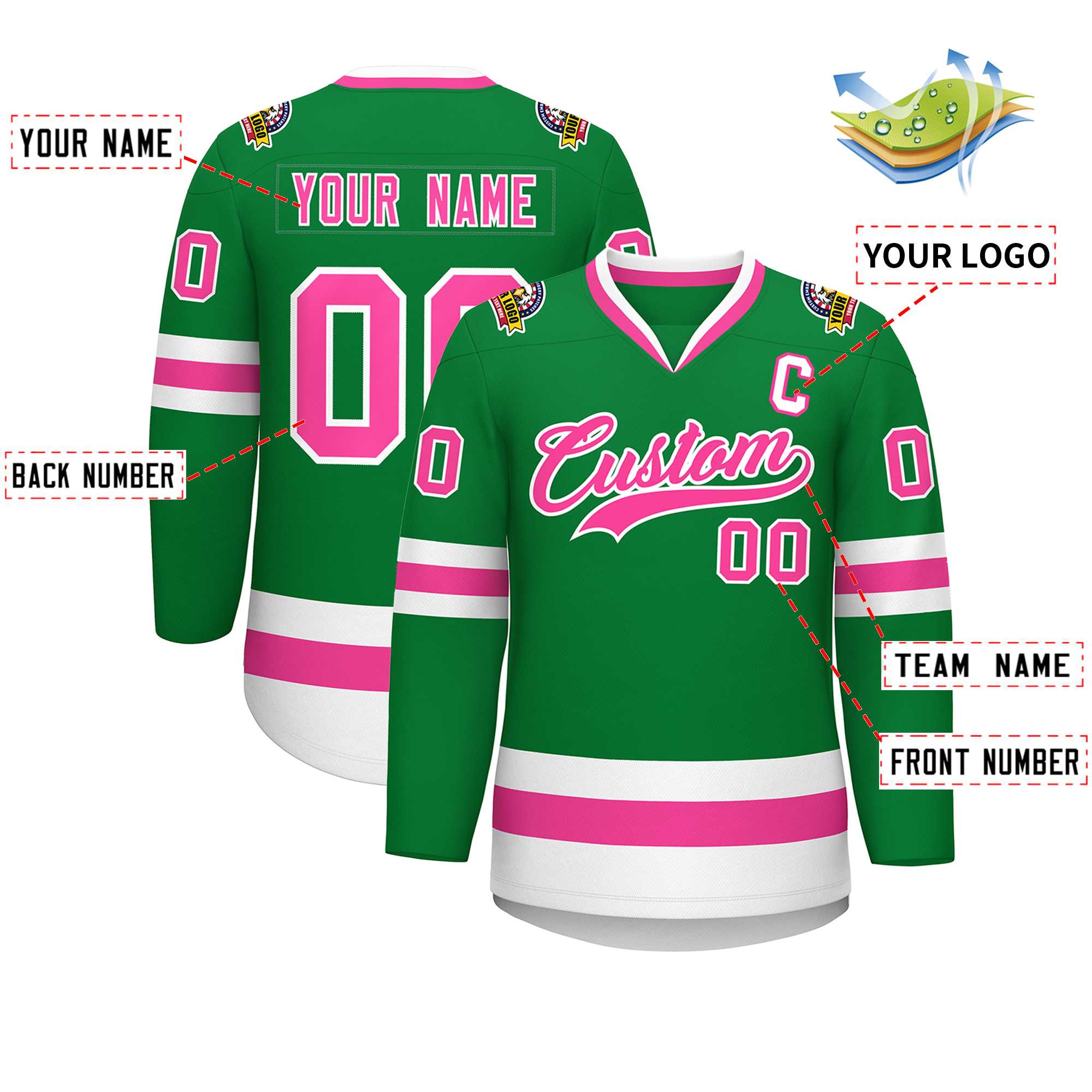 Custom Kelly Green Pink-White Classic Style Hockey Jersey