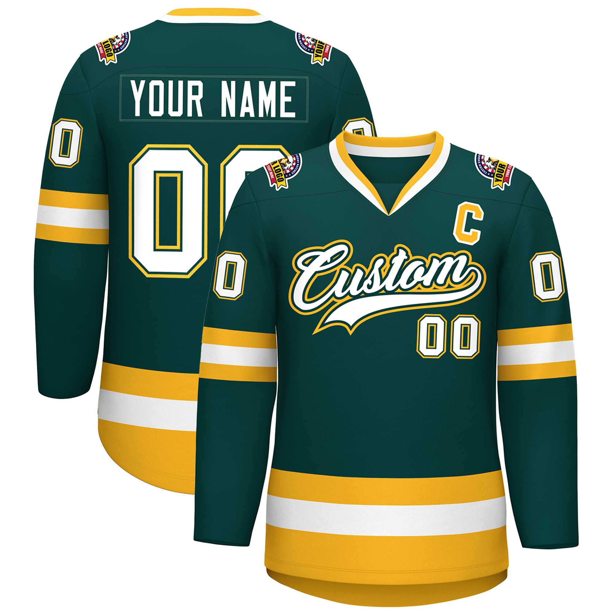 Custom Midnight Green White Olive-Gold Classic Style Hockey Jersey