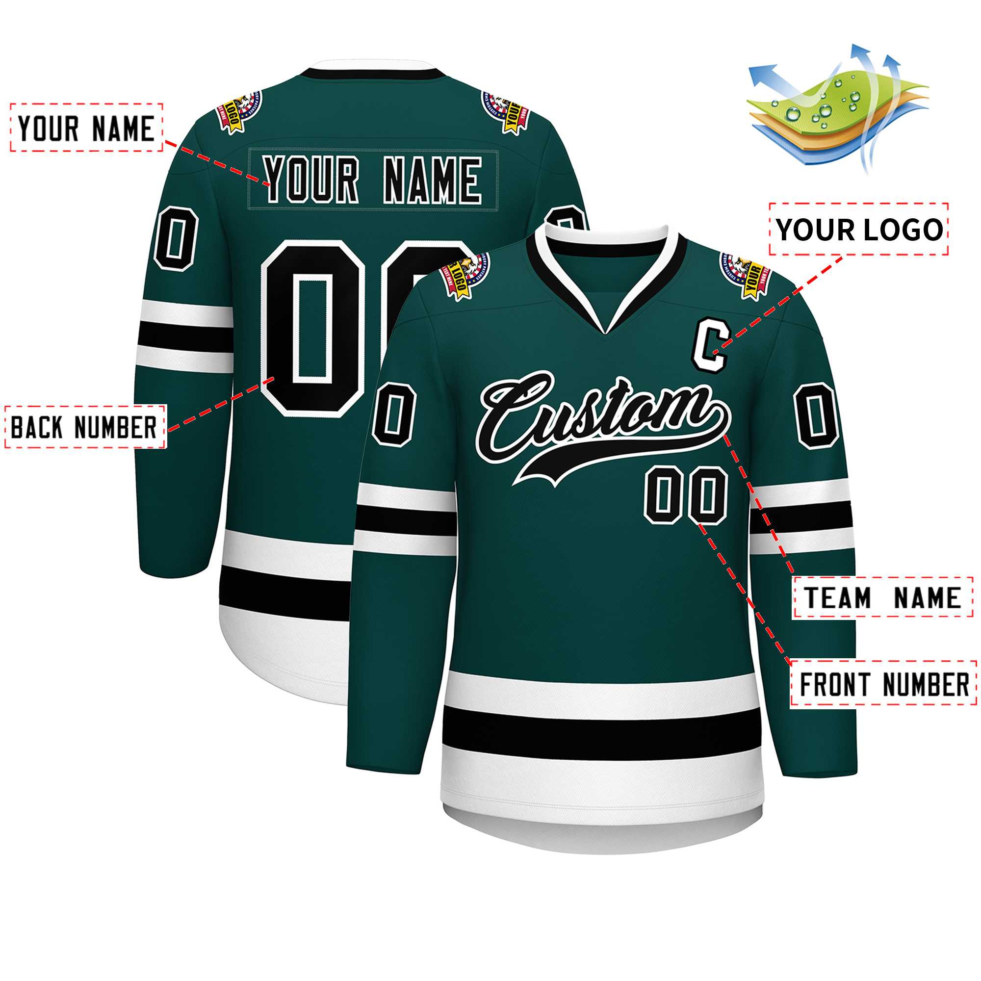 Custom Midnight Green Black-White Classic Style Hockey Jersey