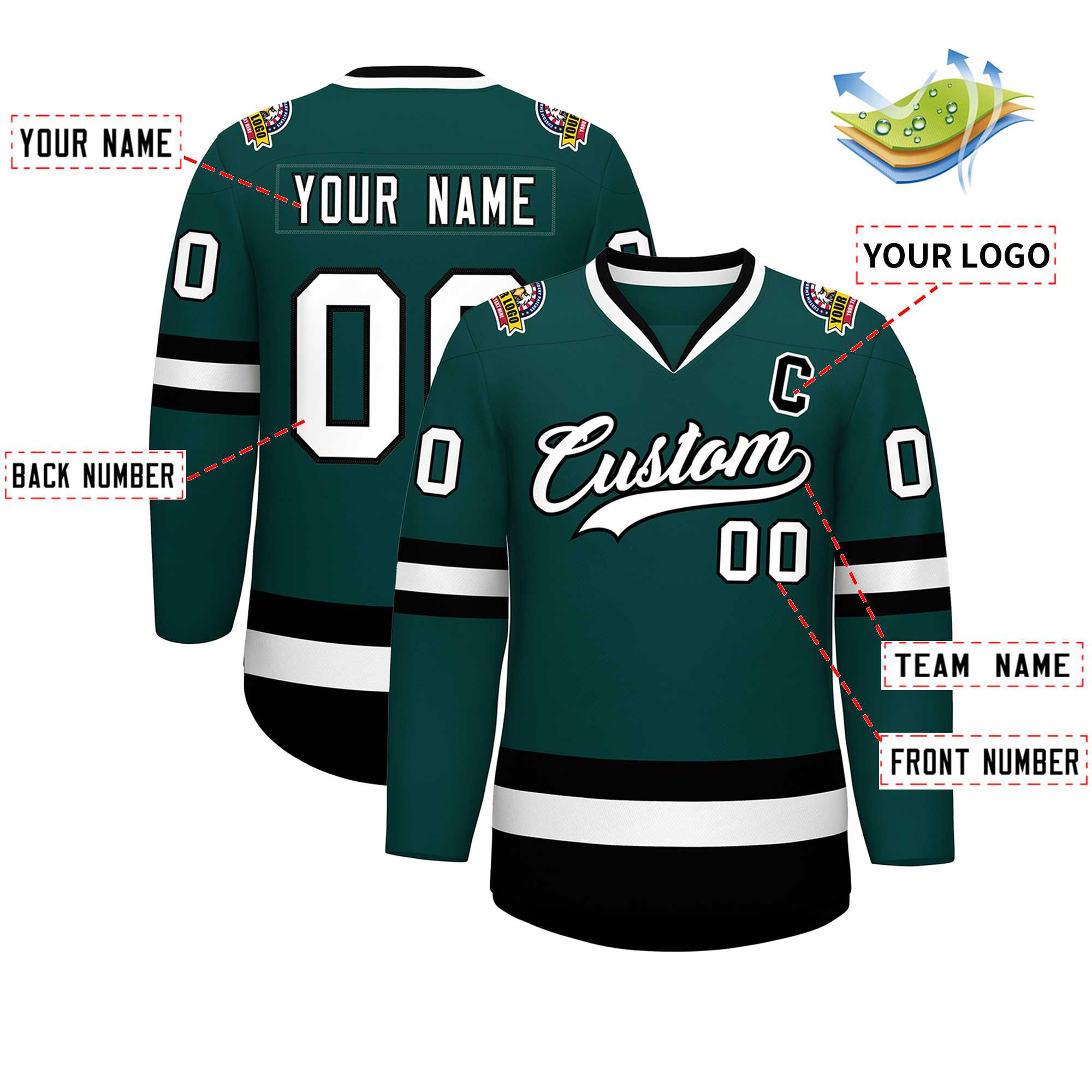 Custom Midnight Green White-Black Classic Style Hockey Jersey