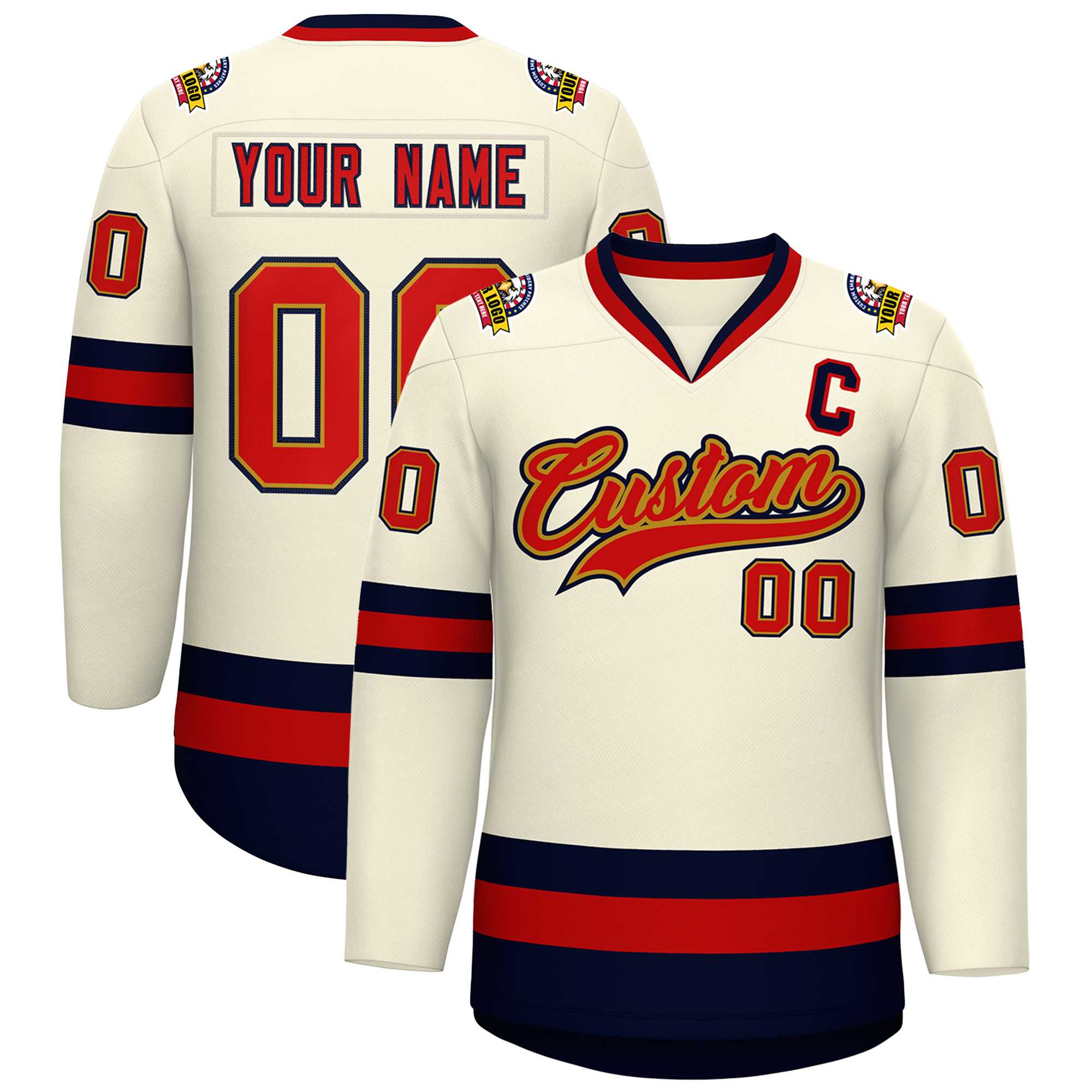 Custom Khaki Red Old Gold-Navy Classic Style Hockey Jersey