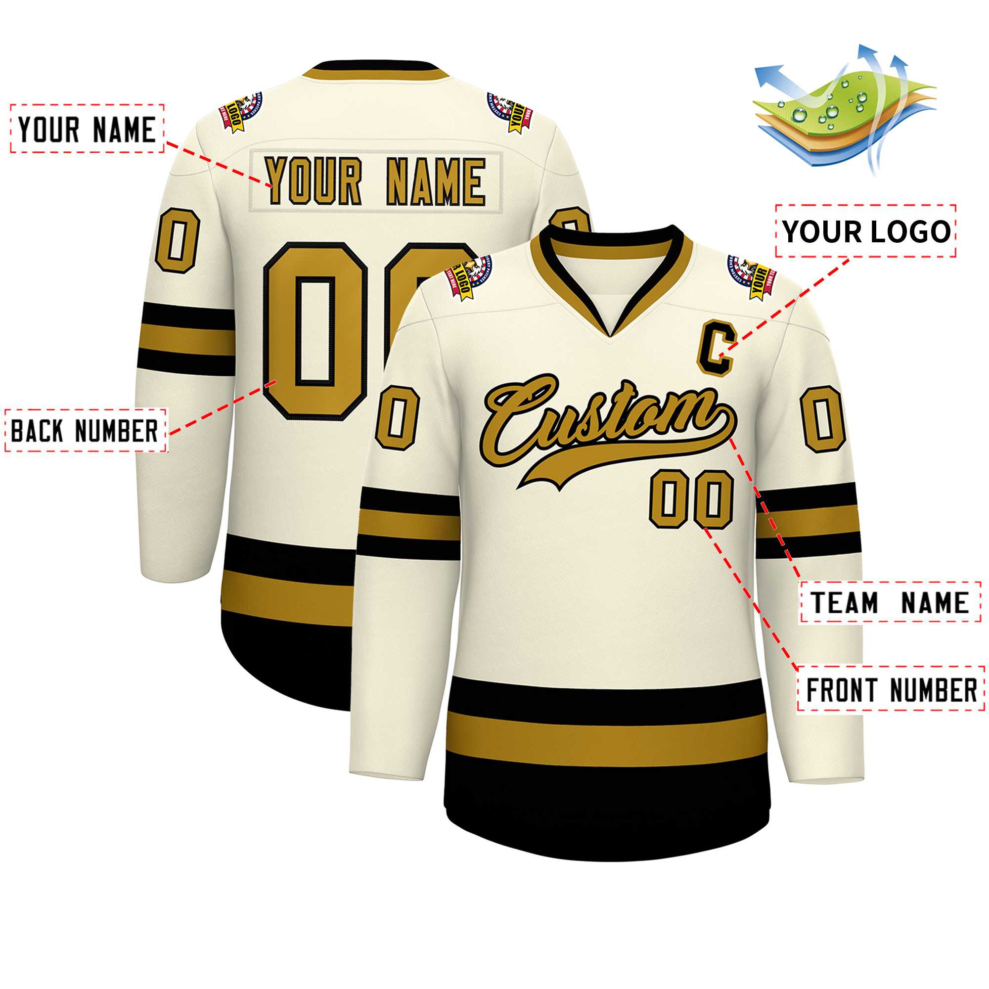 Custom Khaki Old Gold-Black Classic Style Hockey Jersey