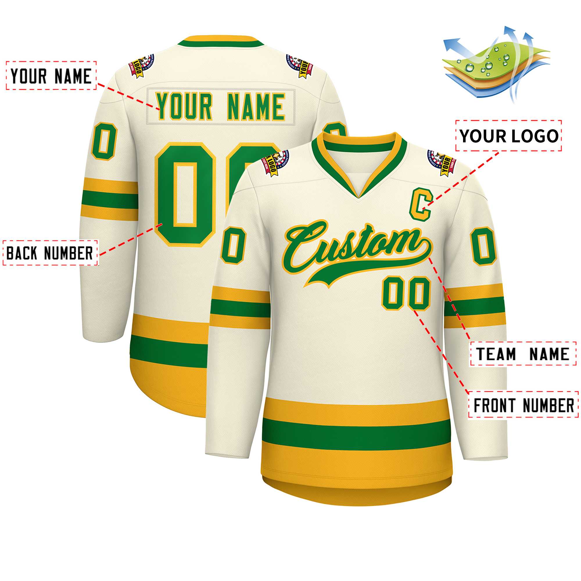 Custom Khaki Kelly Green-Gold Classic Style Hockey Jersey