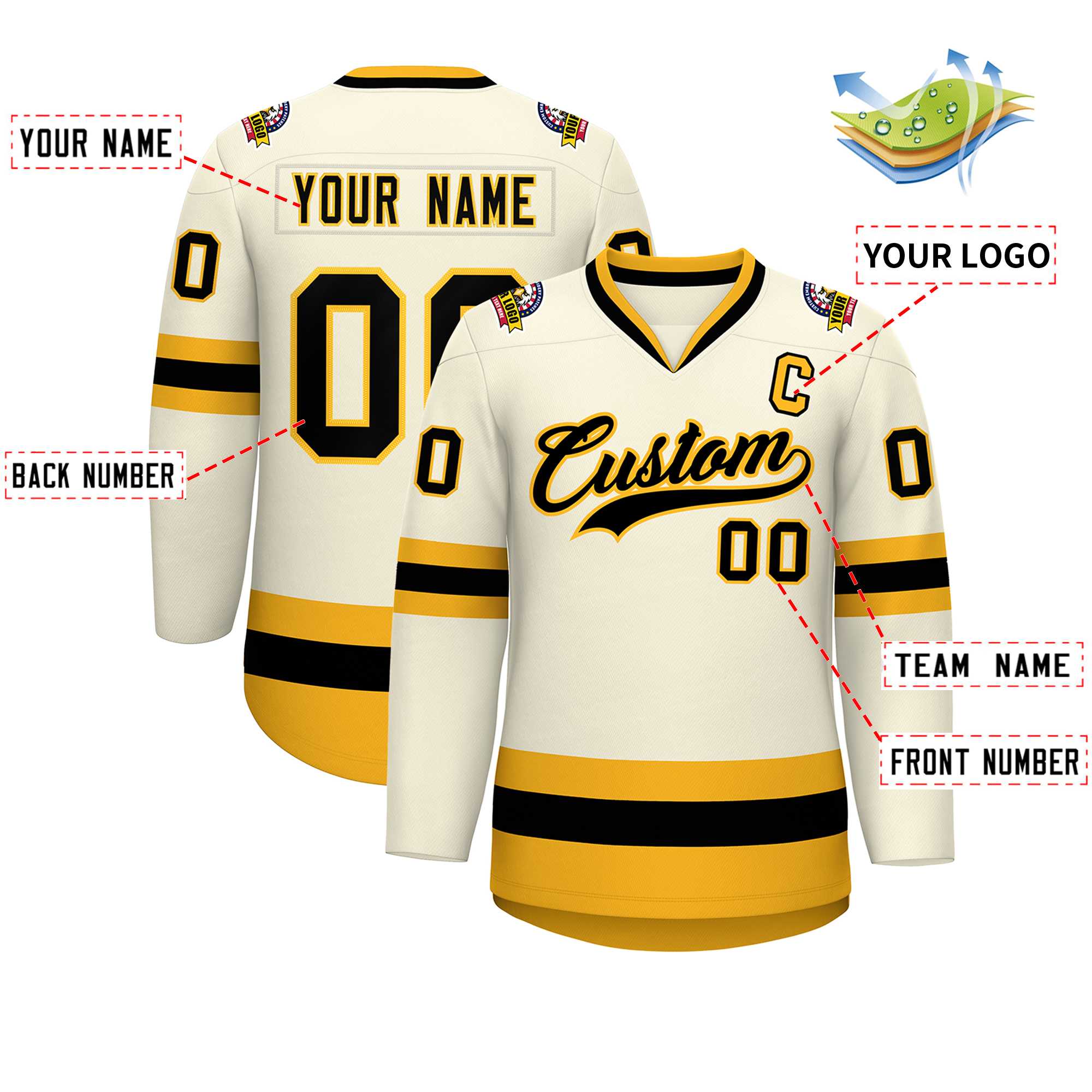 Custom Khaki Black-Gold Classic Style Hockey Jersey