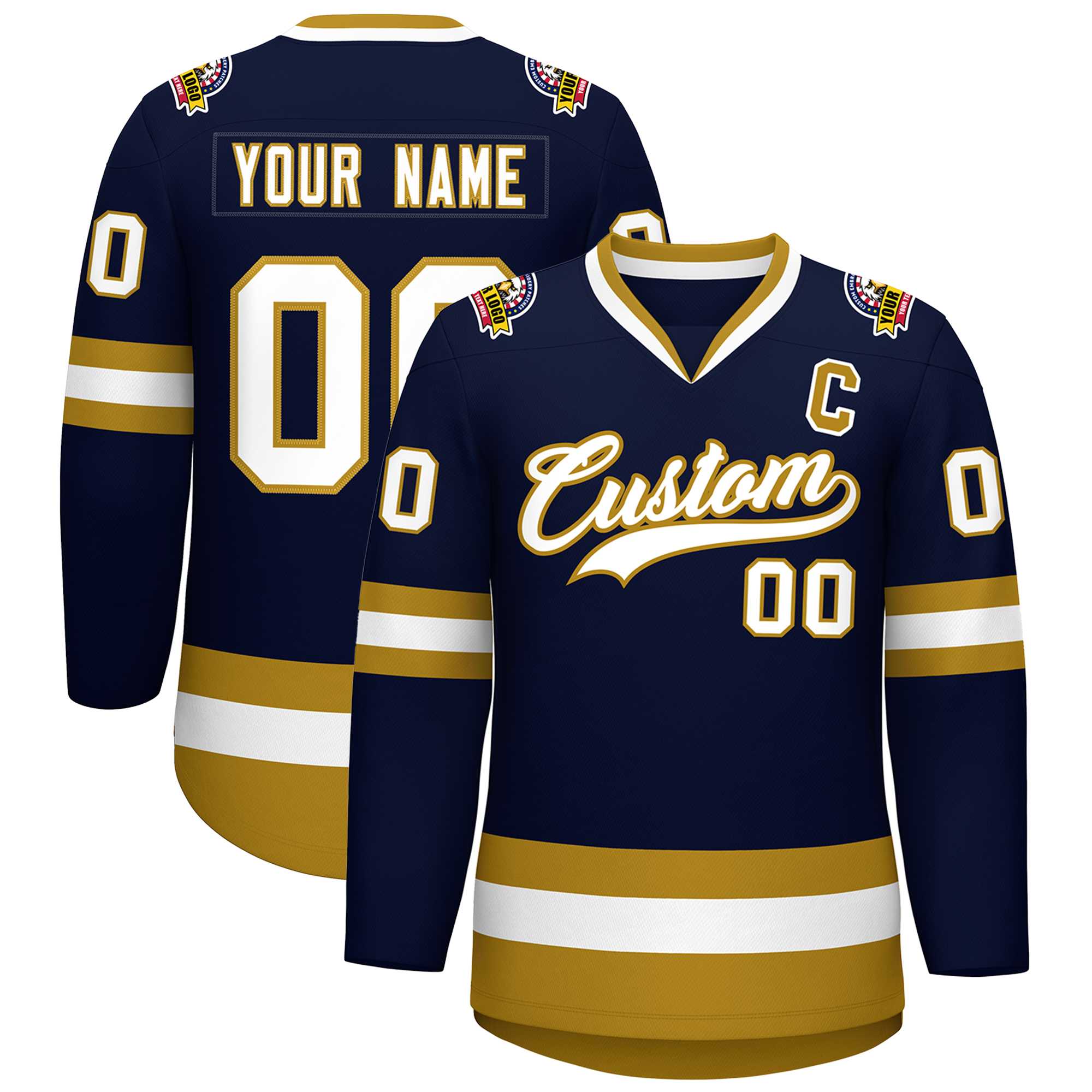 Custom Navy White-Old Gold Classic Style Hockey Jersey