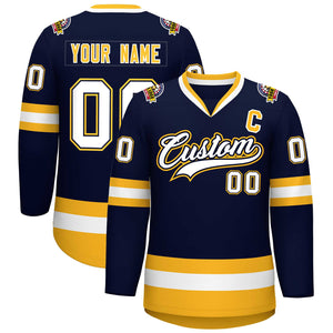 Custom Navy White Navy-Gold Classic Style Hockey Jersey