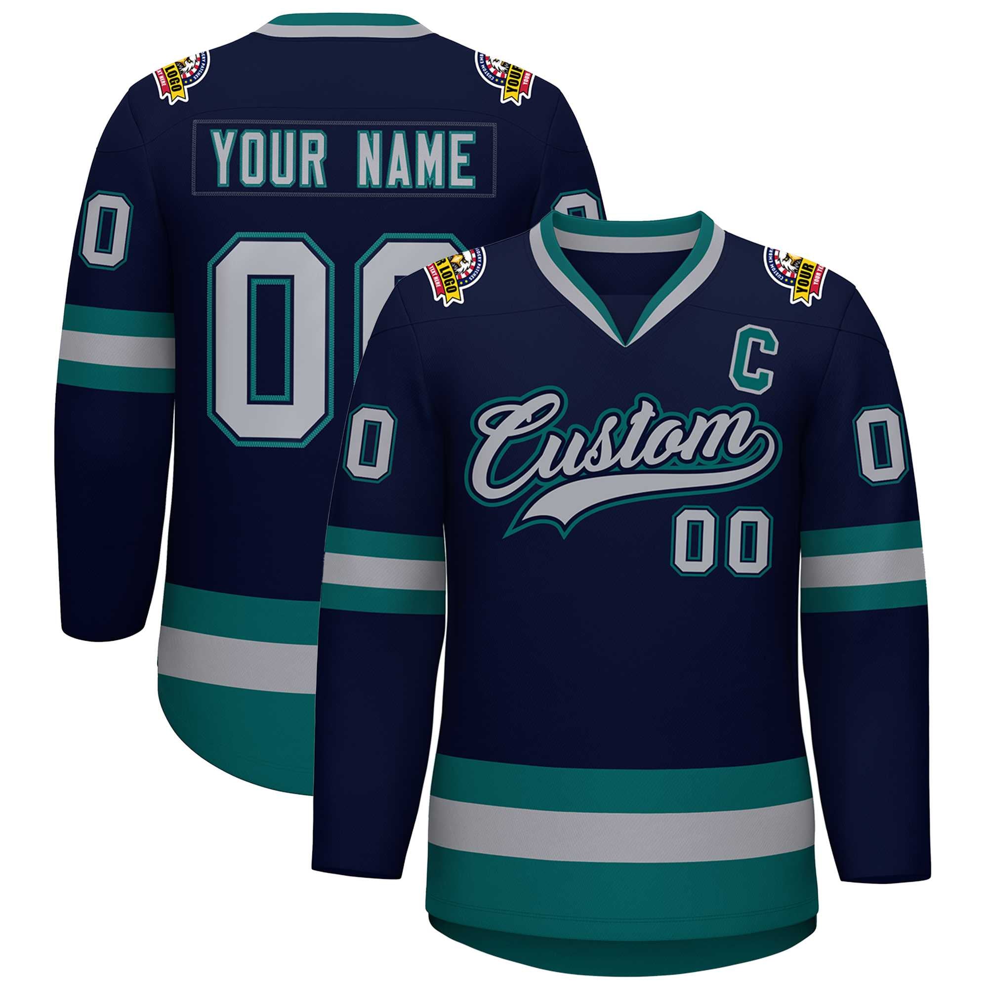 Maillot de hockey personnalisé de style classique, gris marine, marine-aqua