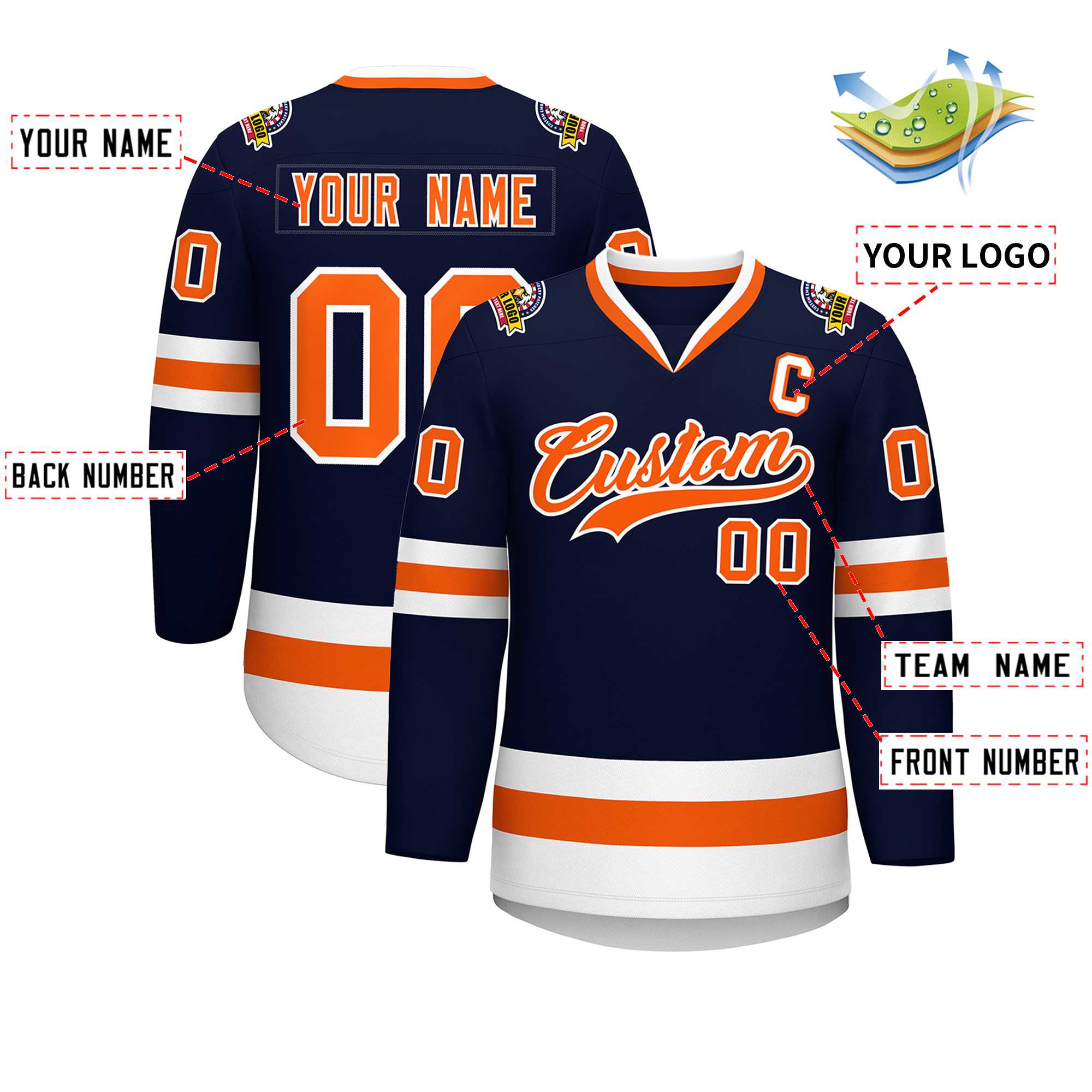 Custom Navy Orange-White Classic Style Hockey Jersey