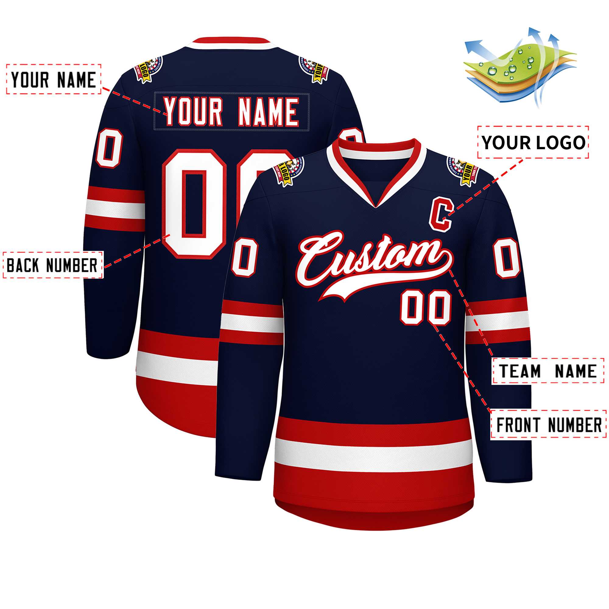 Custom Navy White-Red Classic Style Hockey Jersey