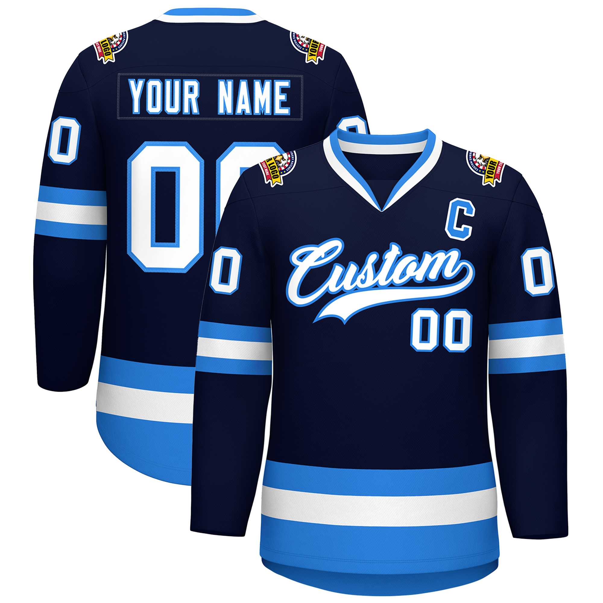 Custom Navy White-Powder Blue Classic Style Hockey Jersey