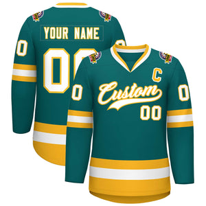 Custom Teal White-Gold Classic Style Hockey Jersey